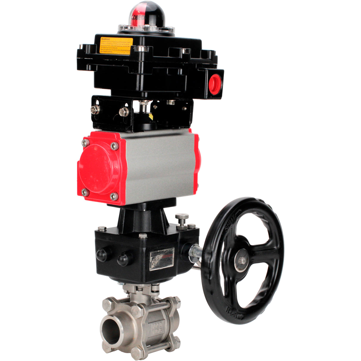Ball valves Elephant BV3232P(3pc)-FP-W-ISO-H WDVF DN15-32 63 bar full bore, body - 316 stainless steel, seal - PTFE, for welding, with PA-DA pneumatic actuator, LSU APL-410N EX, manual backup for MON