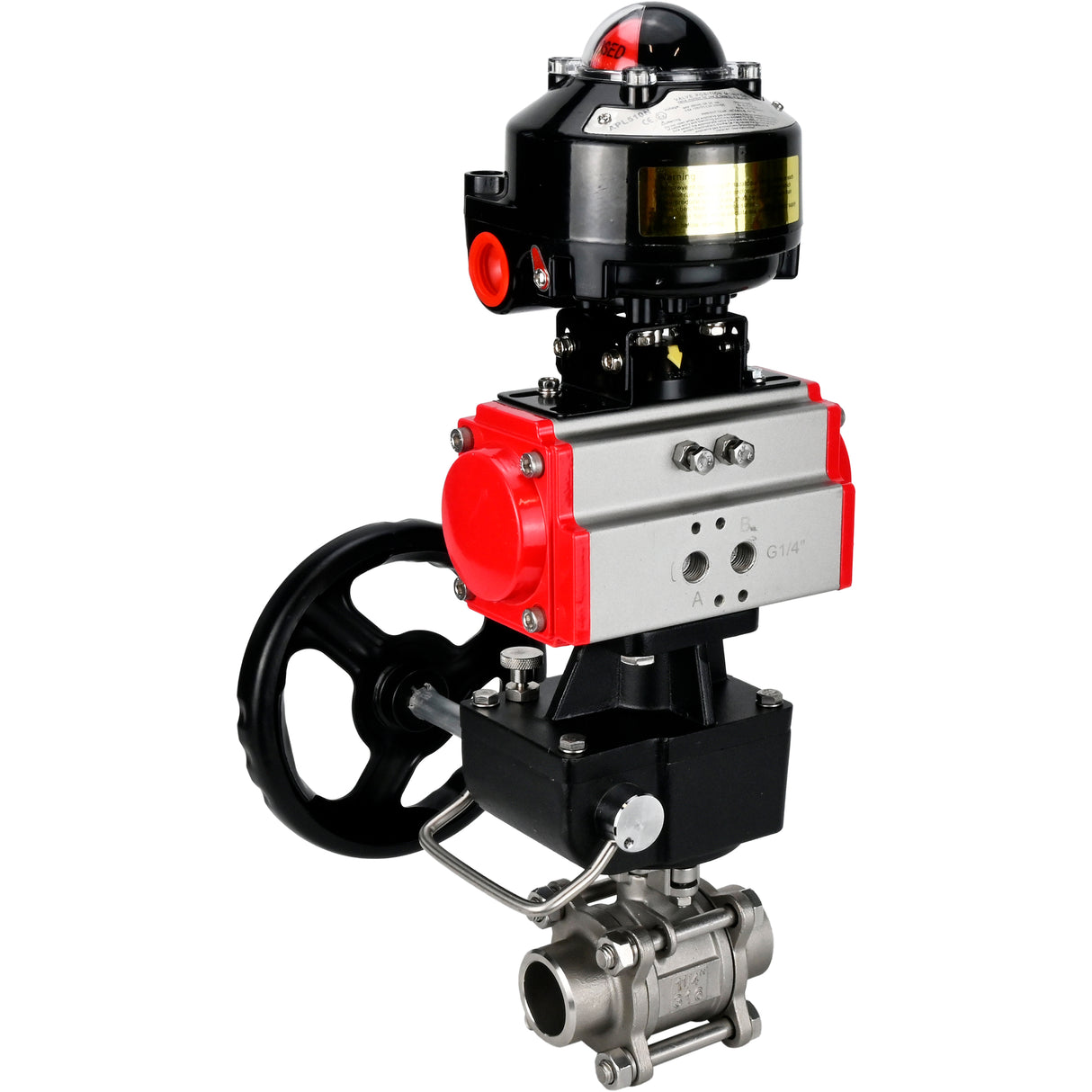 Ball valves Elephant BV3232P(3pc)-FP-W-ISO-H WDVF DN15-32 63 bar full bore, body - 316 stainless steel, seal - PTFE, for welding, with PA-DA pneumatic actuator, LSU APL-510N EX, manual backup for MON