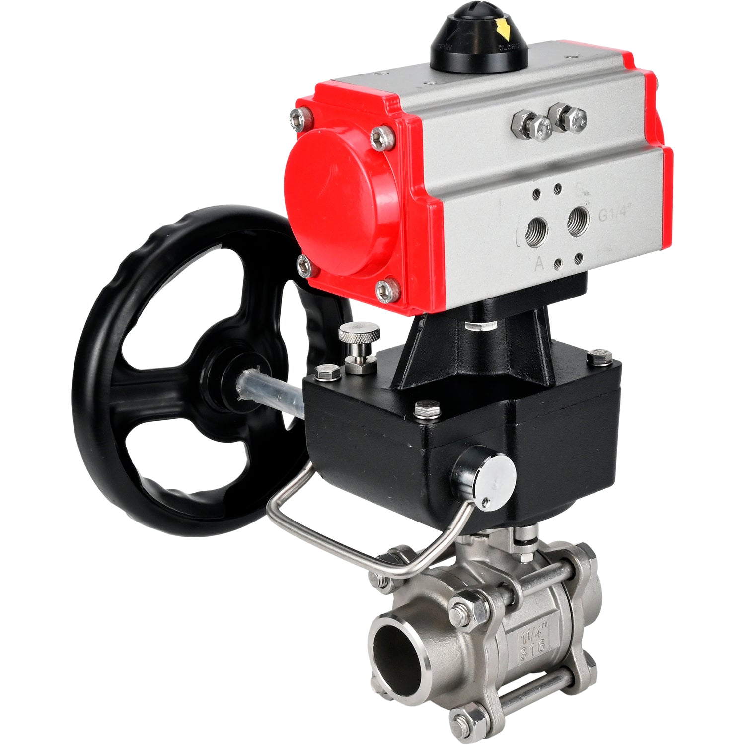Ball valves Elephant BV3232P(3pc)-FP-W-ISO-H WDVF DN15-32 63 bar full bore, body - 316 stainless steel, seal - PTFE, for welding, with PA-DA pneumatic actuator, manual backup for MON