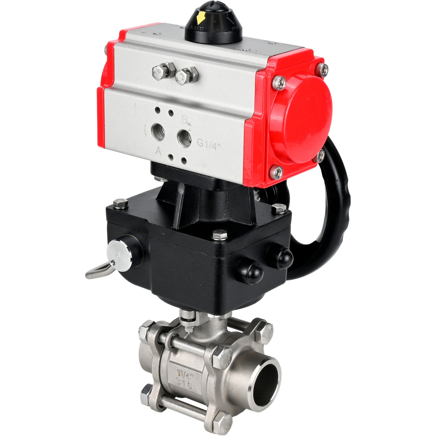 Ball valves Elephant BV3232P(3pc)-FP-W-ISO-H WDVF DN15-32 63 bar full bore, body - 316 stainless steel, seal - PTFE, for welding, with PA-DA pneumatic actuator, manual backup for MON