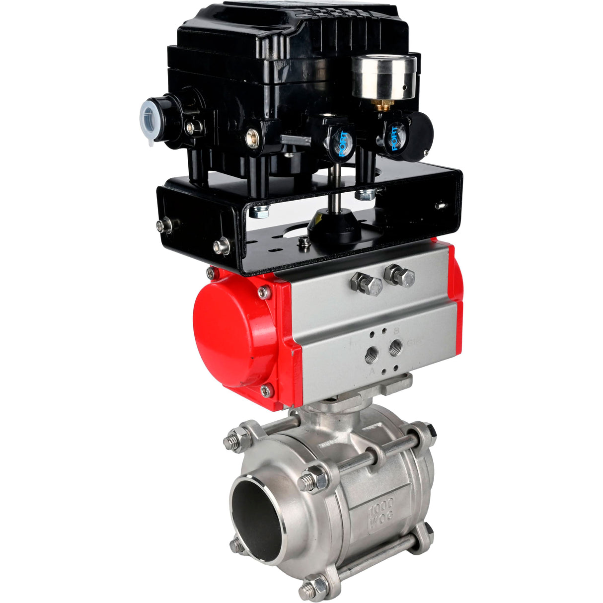 Ball valves Elephant BV3232P(3pc)-FP-W-ISO-H WDVF DN15-32 63 bar full bore, 316 stainless steel, seal - PTFE, for welding, with PA-DA pneumatic actuator, YT-1000RSN electro-pneumatic rotary positioner with feedback