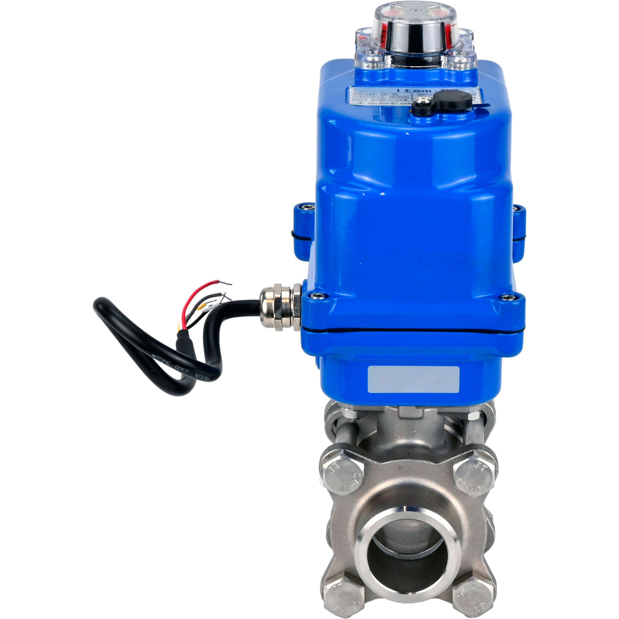 Ball valves Elephant BV3232P(3pc)-FP-W-ISO-H WDVF DN15-32 63 bar full bore, body - 316 stainless steel, seal - PTFE, for welding, with a 1/4-turn electric drive Elephant QT-N-EM-O1-220VAC-U1 blue