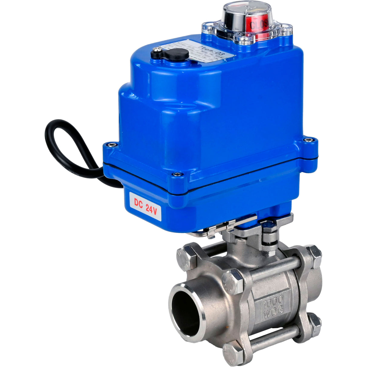 Ball valves Elephant BV3232P(3pc)-FP-W-ISO-H WDVF DN15-32 63 bar full bore, body - 316 stainless steel, seal - PTFE, for welding, with a 1/4-turn electric drive Elephant QT-N-EM-O1-220VAC-U1 blue