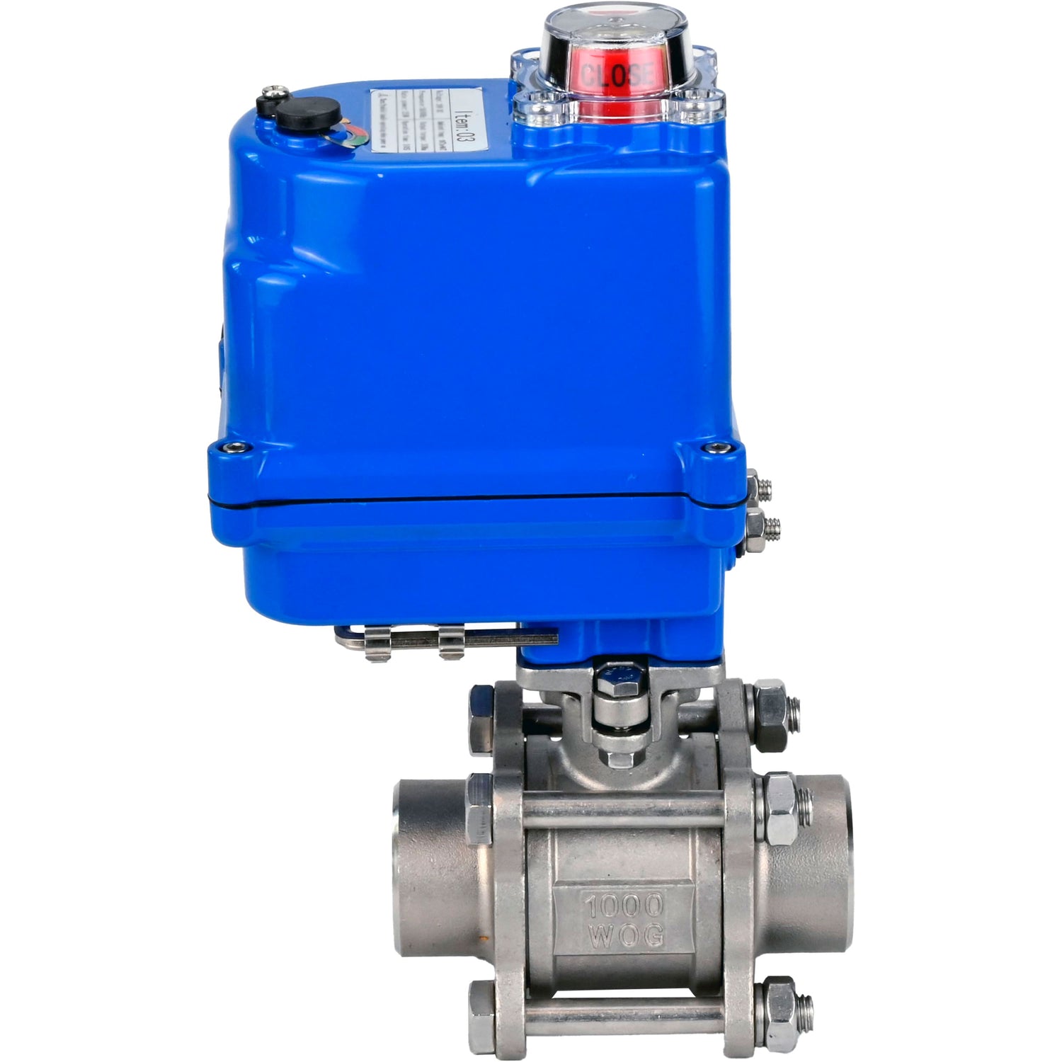 Ball valves Elephant BV3232P(3pc)-FP-W-ISO-H WDVF DN15-32 63 bar full bore, body - 316 stainless steel, seal - PTFE, for welding, with a 1/4-turn electric drive Elephant QT-N-EM-O1-220VAC-U1 blue