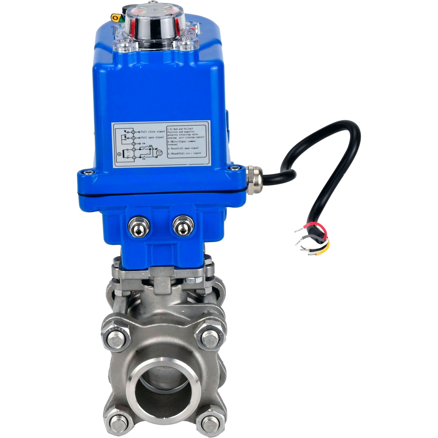 Ball valves Elephant BV3232P(3pc)-FP-W-ISO-H WDVF DN15-32 63 bar full bore, body - 316 stainless steel, seal - PTFE, for welding, with a 1/4-turn electric drive Elephant QT-N-EM-O1-220VAC-U1 blue