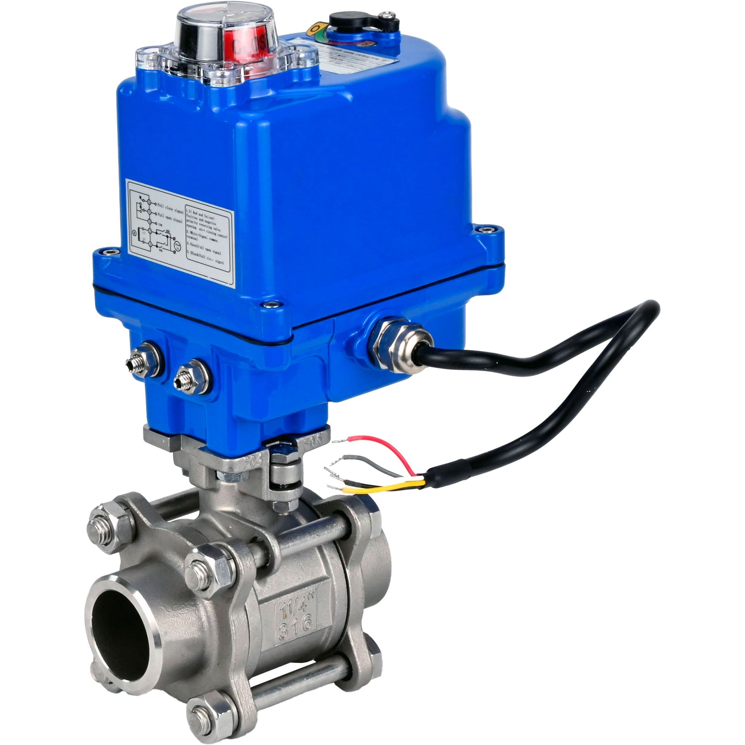 Ball valves Elephant BV3232P(3pc)-FP-W-ISO-H WDVF DN15-32 63 bar full bore, body - 316 stainless steel, seal - PTFE, for welding, with a 1/4-turn electric drive Elephant QT-N-EM-O1-220VAC-U1 blue