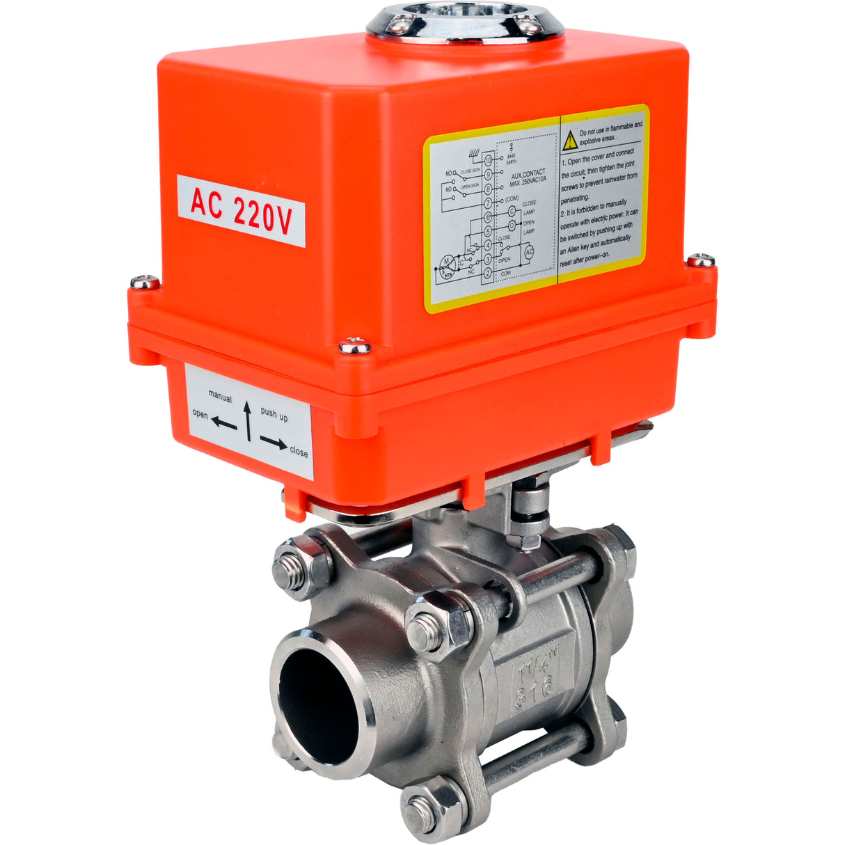 Ball valves Elephant BV3232P(3pc)-FP-W-ISO-H WDVF DN15-32 63 bar full bore, body - 316 stainless steel, seal - PTFE, for welding, with a 1/4-turn electric drive Elephant QT-N-EM-O1-220VAC-U1 MINI