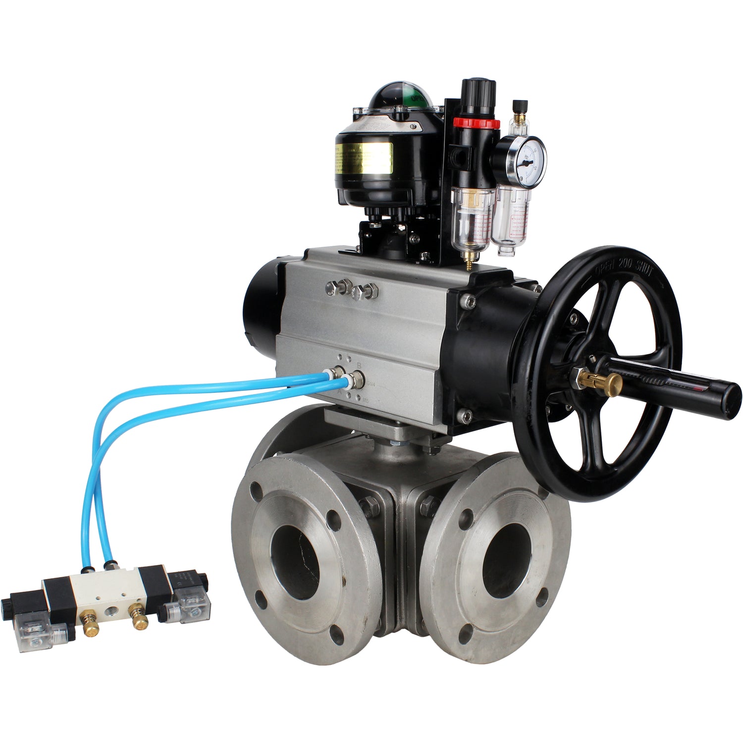 Ball valves Elephant BV3232P(4pc)-FP-3WL-F-ISO-H DN100 16 bar full bore, flanged, body - stainless steel SS316, ISO flange F10/F12, square 19x19, with pneumatic actuator PA-DA-105-1, pneumatic distributor 4V320-10 220V, LSU APL-510N EX and ATU AFC2000