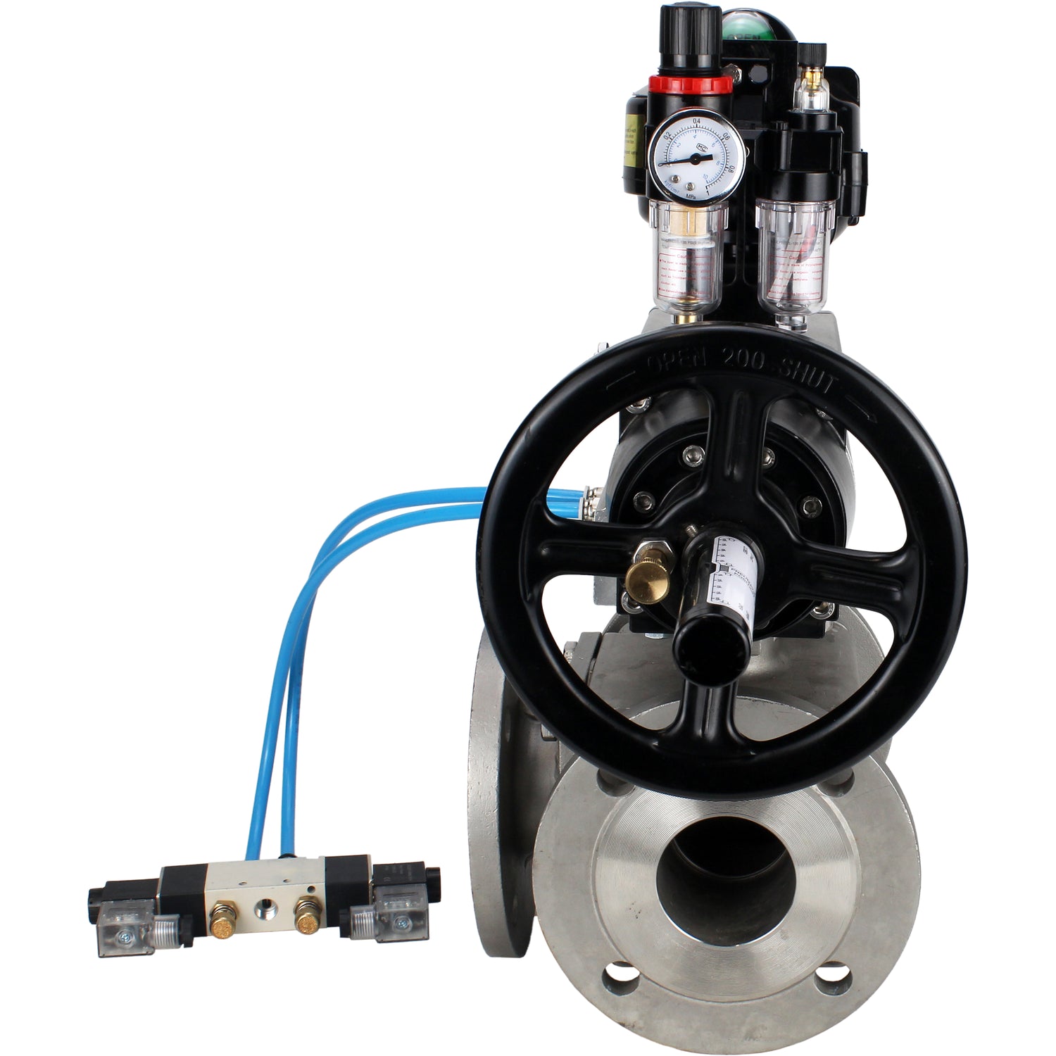 Ball valves Elephant BV3232P(4pc)-FP-3WL-F-ISO-H DN100 16 bar full bore, flanged, body - stainless steel SS316, ISO flange F10/F12, square 19x19, with pneumatic actuator PA-DA-105-1, pneumatic distributor 4V320-10 220V, LSU APL-510N EX and ATU AFC2000