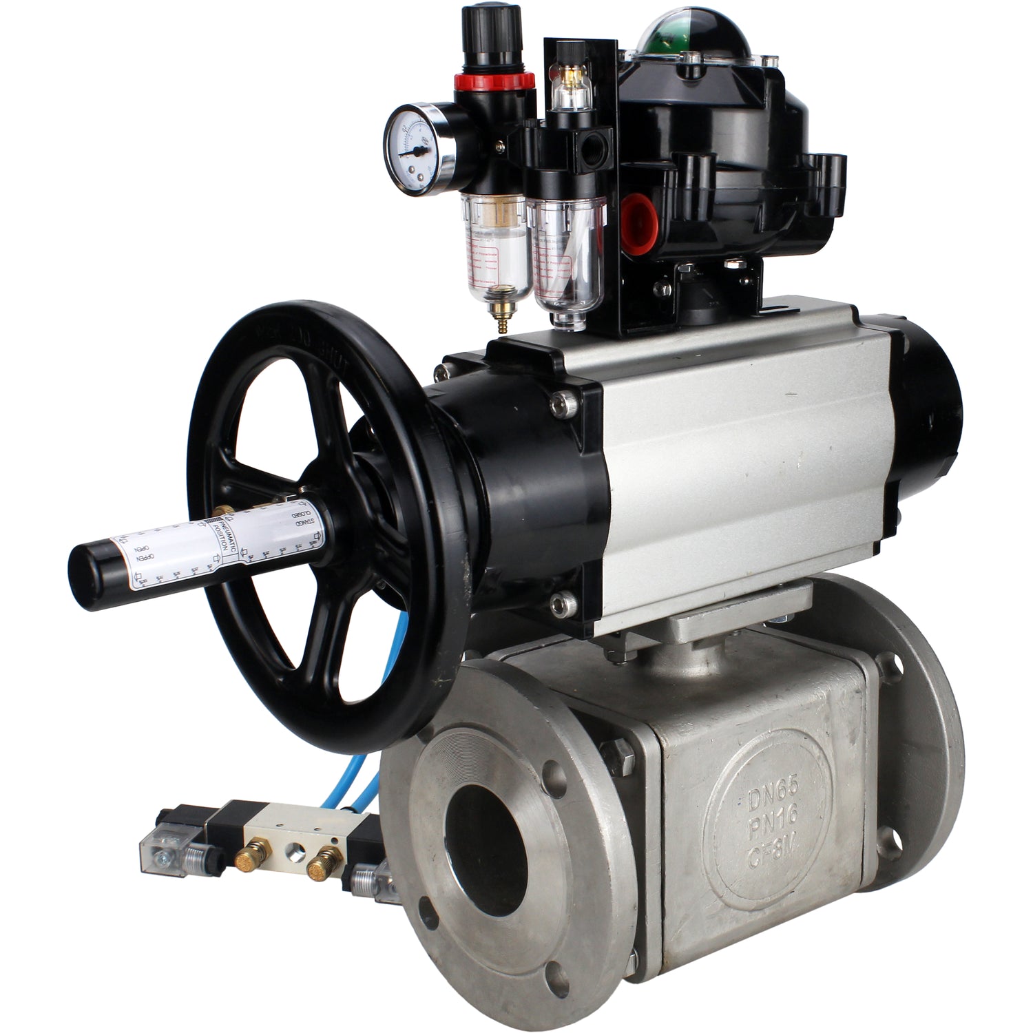 Ball valves Elephant BV3232P(4pc)-FP-3WL-F-ISO-H DN100 16 bar full bore, flanged, body - stainless steel SS316, ISO flange F10/F12, square 19x19, with pneumatic actuator PA-DA-105-1, pneumatic distributor 4V320-10 220V, LSU APL-510N EX and ATU AFC2000