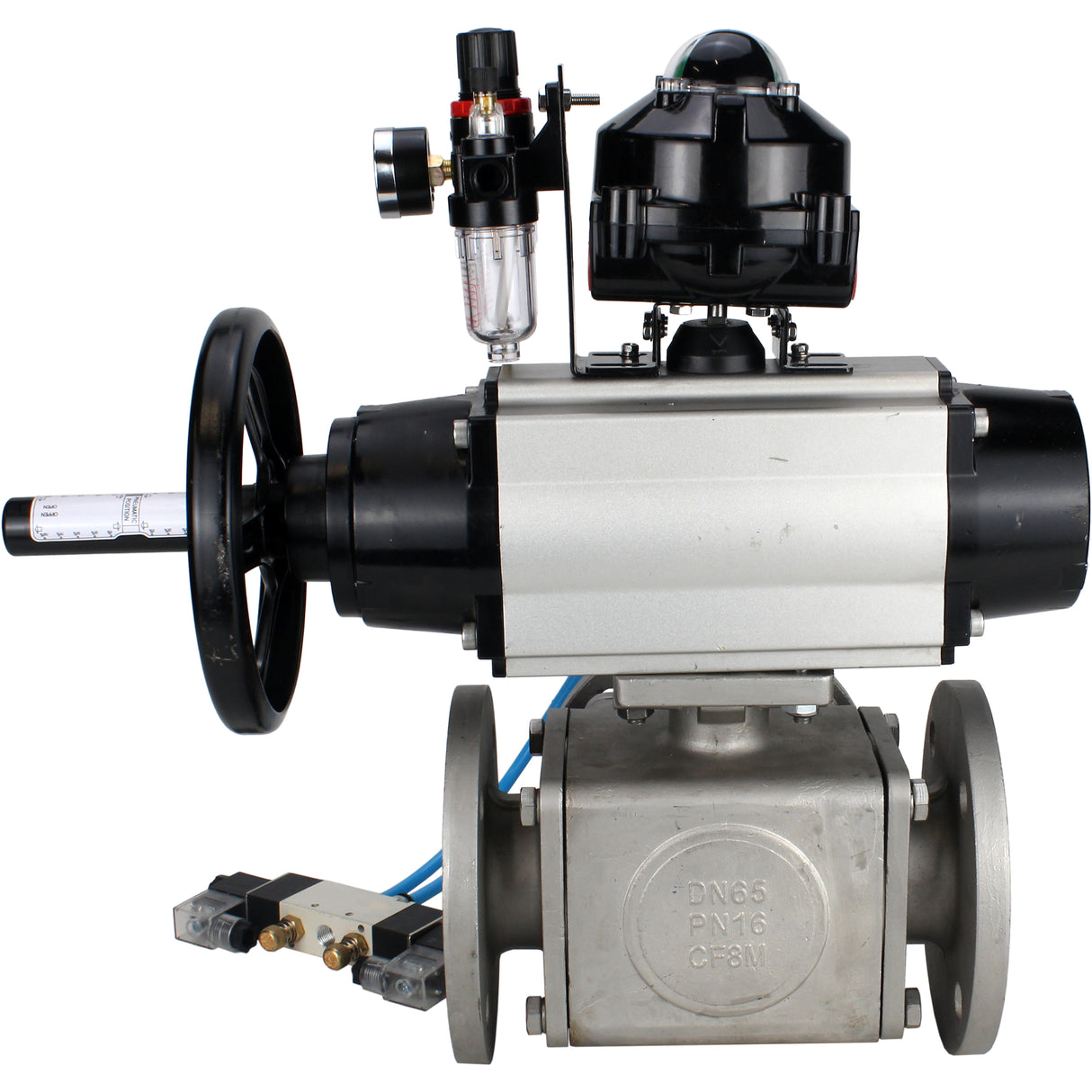 Ball valves Elephant BV3232P(4pc)-FP-3WL-F-ISO-H DN100 16 bar full bore, flanged, body - stainless steel SS316, ISO flange F10/F12, square 19x19, with pneumatic actuator PA-DA-105-1, pneumatic distributor 4V320-10 220V, LSU APL-510N EX and ATU AFC2000