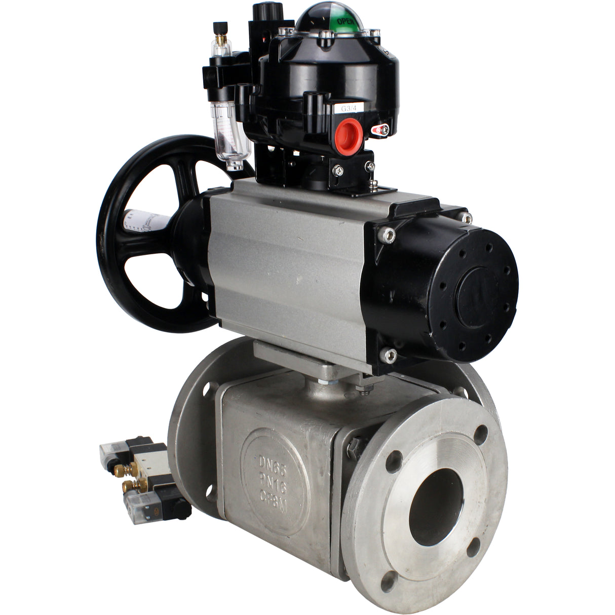 Ball valves Elephant BV3232P(4pc)-FP-3WL-F-ISO-H DN100 16 bar full bore, flanged, body - stainless steel SS316, ISO flange F10/F12, square 19x19, with pneumatic actuator PA-DA-105-1, pneumatic distributor 4V320-10 220V, LSU APL-510N EX and ATU AFC2000