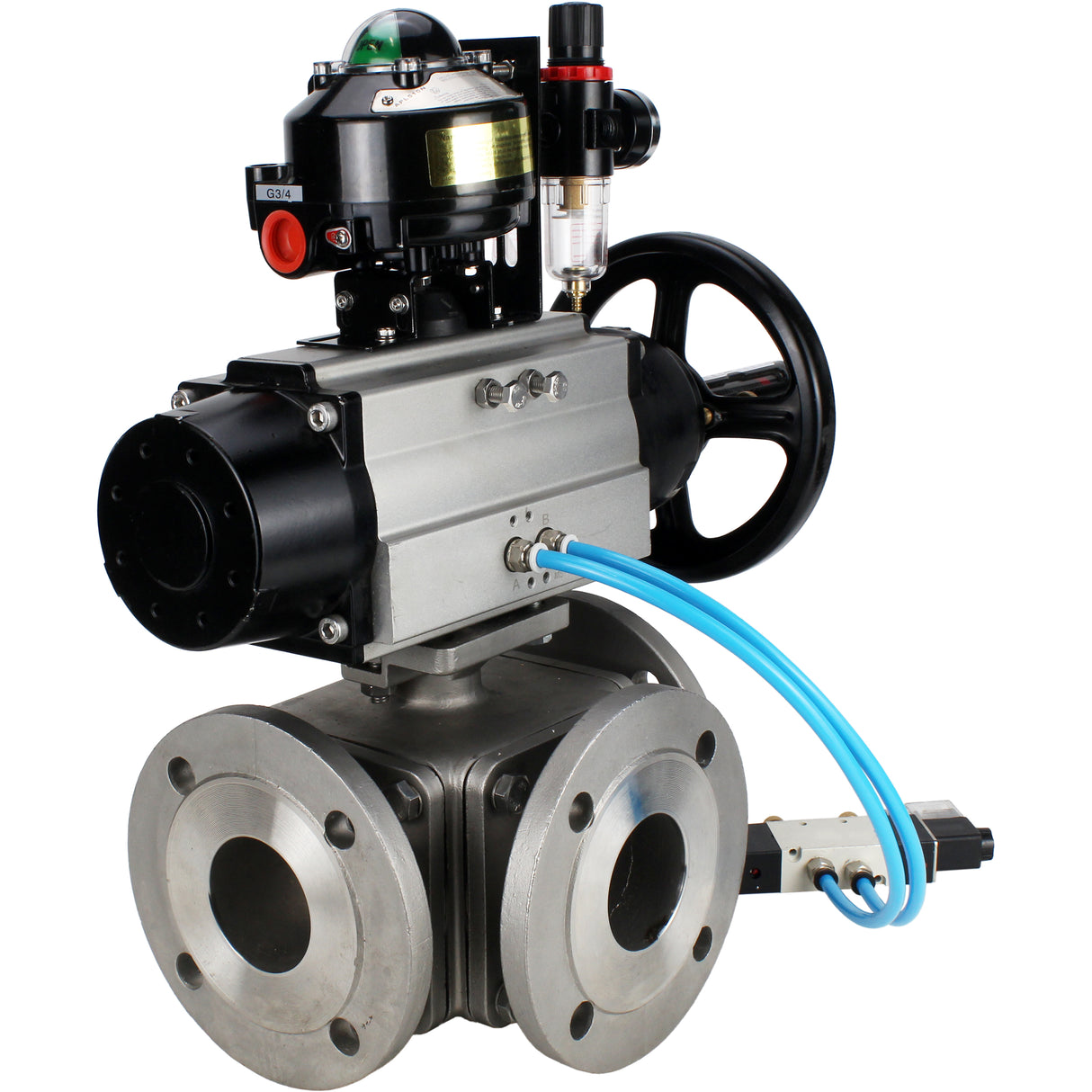Ball valves Elephant BV3232P(4pc)-FP-3WL-F-ISO-H DN100 16 bar full bore, flanged, body - stainless steel SS316, ISO flange F10/F12, square 19x19, with pneumatic actuator PA-DA-105-1, pneumatic distributor 4V320-10 220V, LSU APL-510N EX and ATU AFC2000