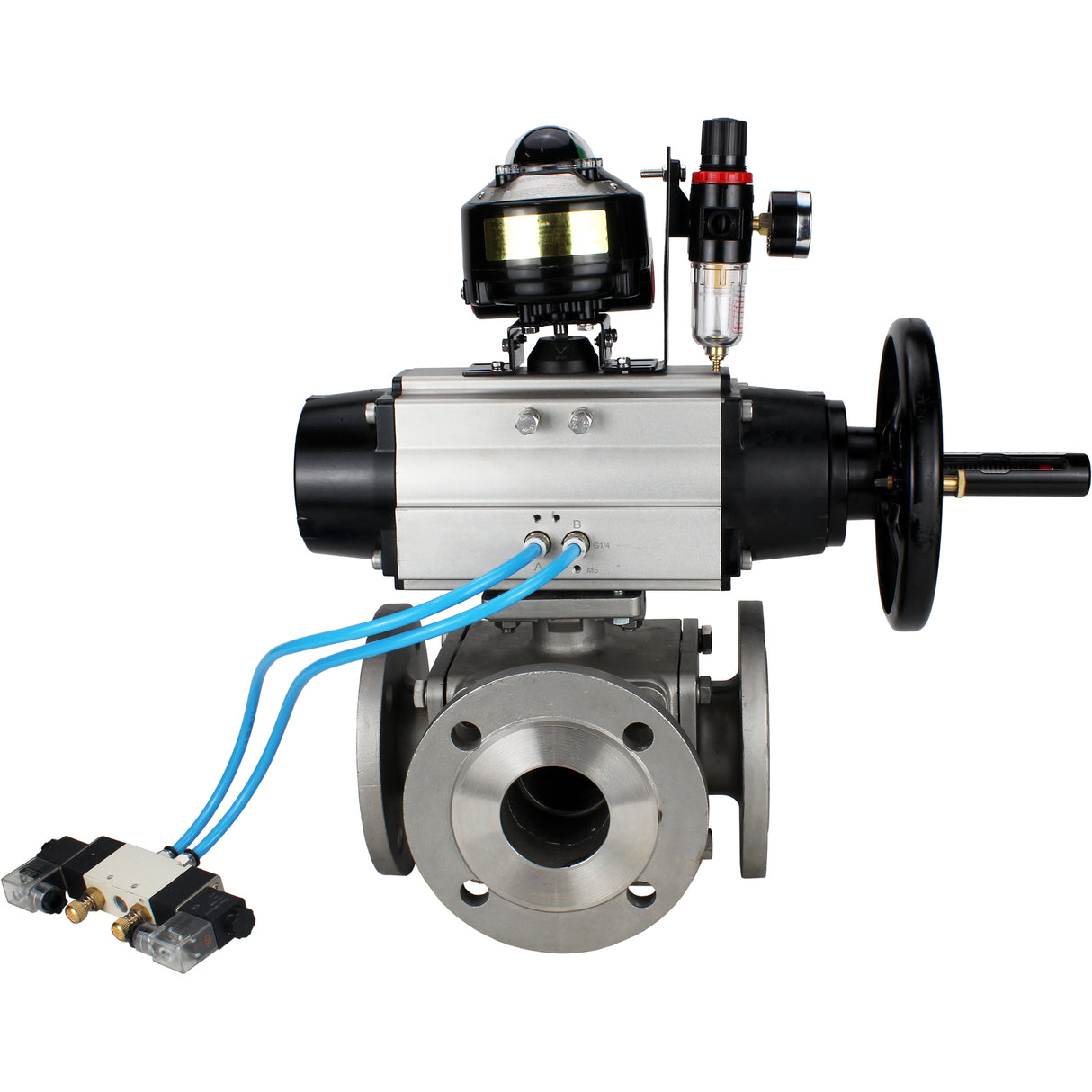 Ball valves Elephant BV3232P(4pc)-FP-3WL-F-ISO-H DN100 16 bar full bore, flanged, body - stainless steel SS316, ISO flange F10/F12, square 19x19, with pneumatic actuator PA-DA-105-1, pneumatic distributor 4V320-10 220V, LSU APL-510N EX and ATU AFC2000