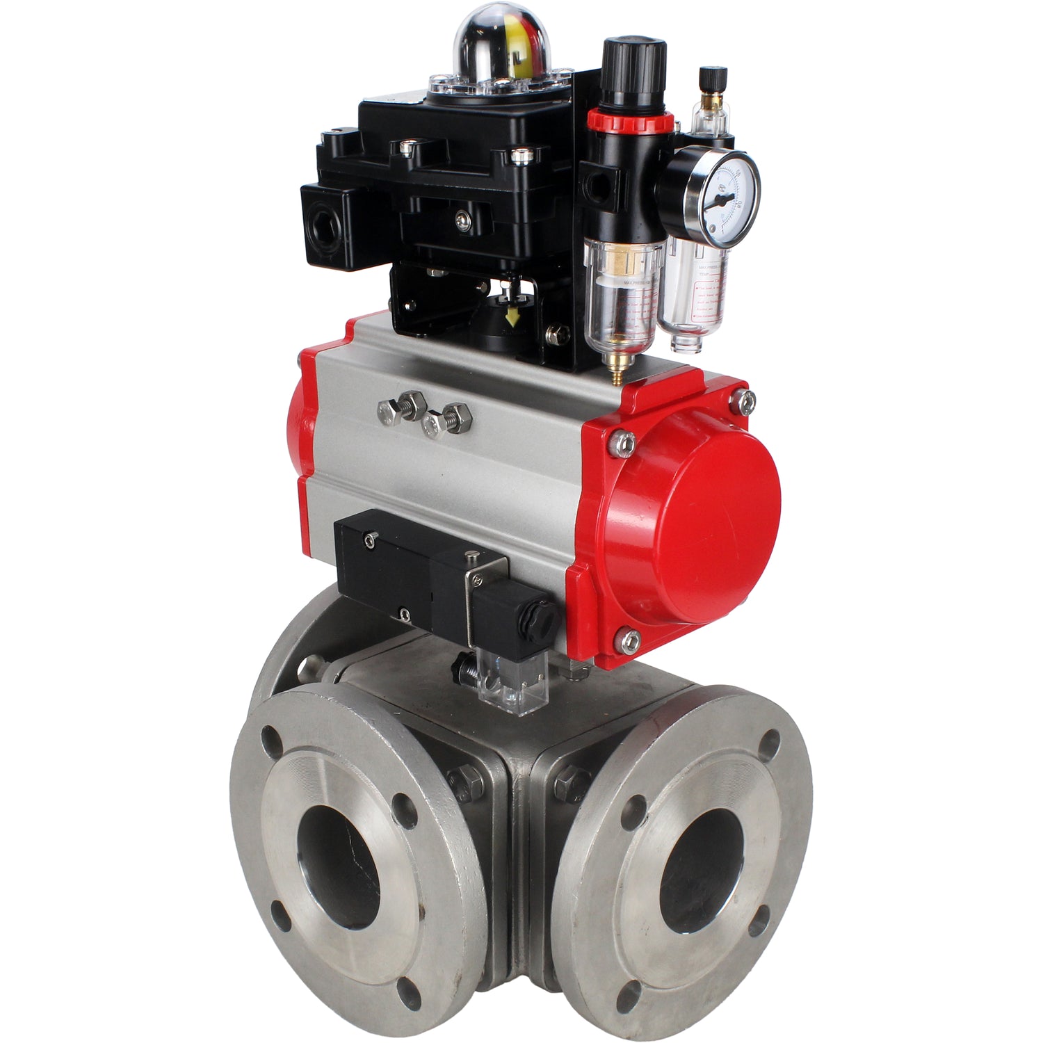 Ball valves Elephant BV3232P(4pc)-FP-3WL-F-ISO-H 16 bar full bore, flanged, body - stainless steel SS316, ISO flange F03/F04-F10/F12, square 9x9-19x19, with pneumatic drive PA-SA, pneumatic valve 4M310-08 220V, LSU APL-410N EX and ATU AF