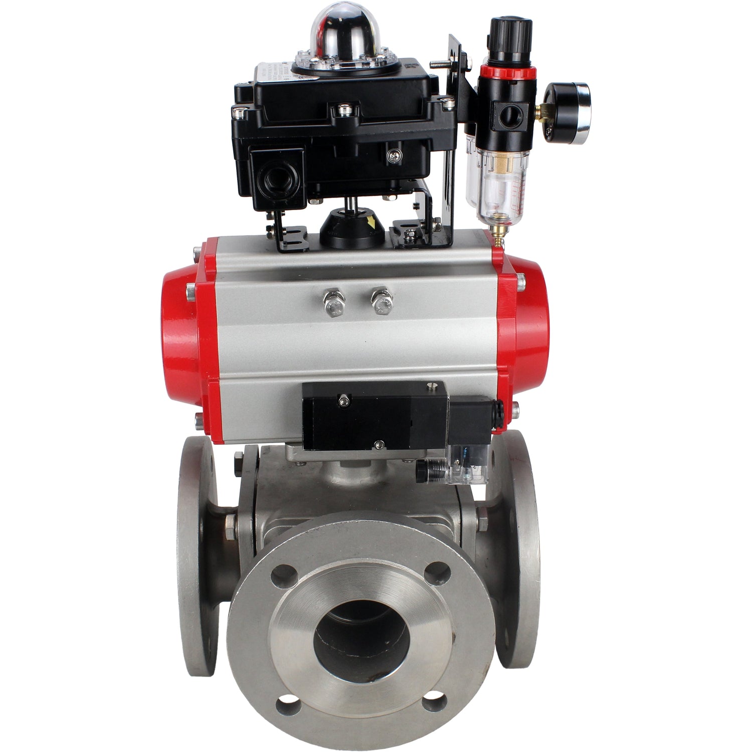 Ball valves Elephant BV3232P(4pc)-FP-3WL-F-ISO-H 16 bar full bore, flanged, body - stainless steel SS316, ISO flange F03/F04-F10/F12, square 9x9-19x19, with pneumatic drive PA-SA, pneumatic valve 4M310-08 24V, LSU APL-410N EX and ATU AFC