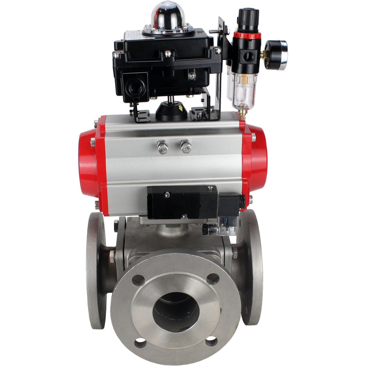 Ball valves Elephant BV3232P(4pc)-FP-3WL-F-ISO-H 16 bar full bore, flanged, body - stainless steel SS316, ISO flange F03/F04-F10/F12, square 9x9-19x19, with pneumatic drive PA-DA, pneumatic distributor 4M310-08 NAMUR 24V, LSU APL-410N EX and ATU AFC
