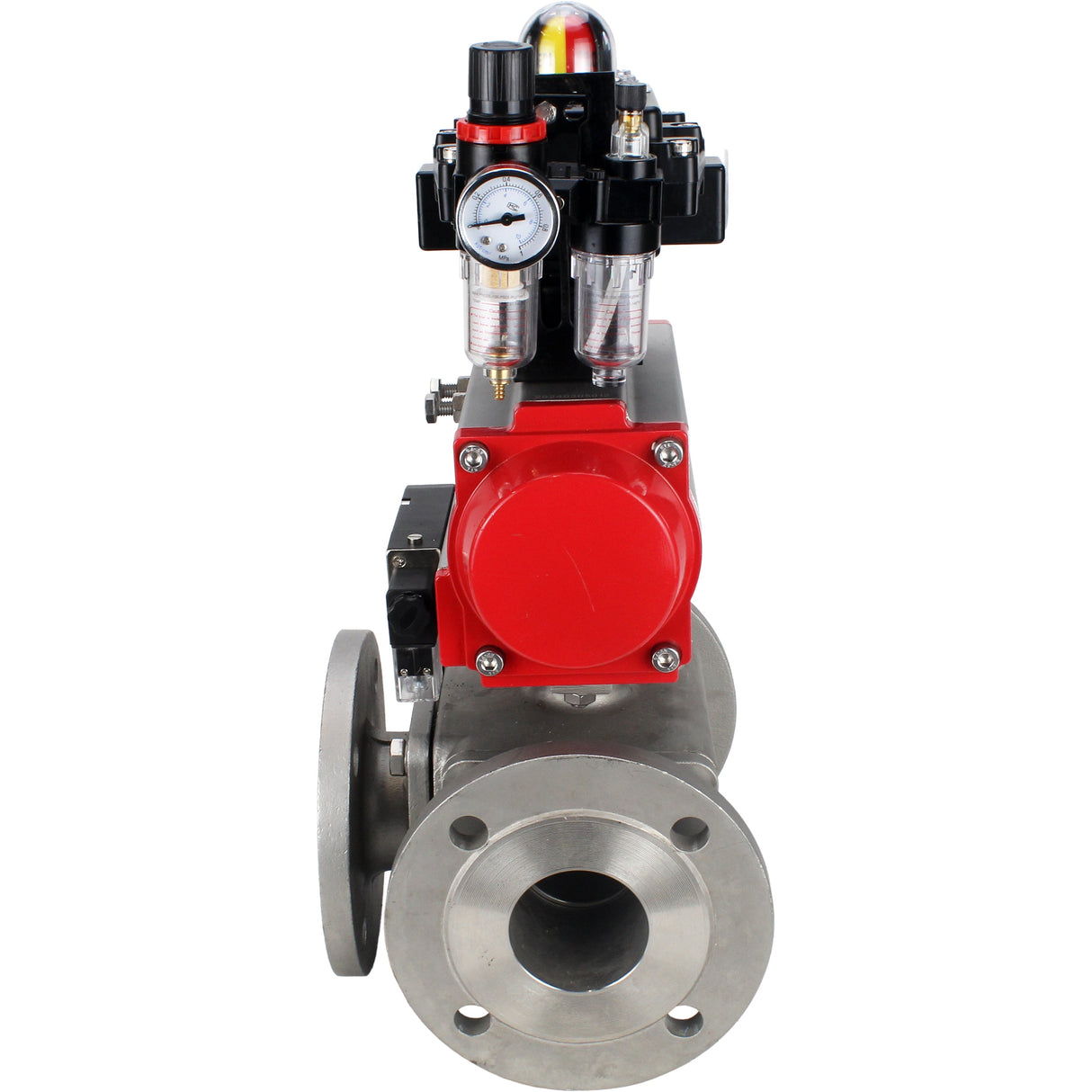 Ball valves Elephant BV3232P(4pc)-FP-3WL-F-ISO-H 16 bar full bore, flanged, body - stainless steel SS316, ISO flange F03/F04-F10/F12, square 9x9-19x19, with pneumatic drive PA-DA, pneumatic distributor 4M310-08 NAMUR 24V, LSU APL-410N EX and ATU AFC