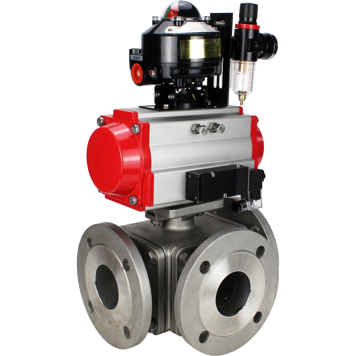 Ball valves Elephant BV3232P(4pc)-FP-3WL-F-ISO-H 16 bar full bore, flanged, body - stainless steel SS316, ISO flange F03/F04-F10/F12, square 9x9-19x19, with pneumatic drive PA-DA, pneumatic distributor 4M310-08 NAMUR 24V, LSU APL-510N EX and ATU AFC