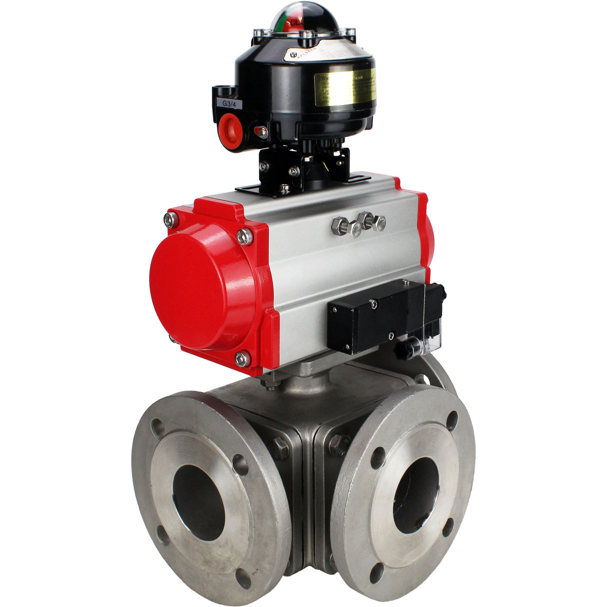 Ball valves Elephant BV3232P(4pc)-FP-3WL-F-ISO-H 16 bar full bore, flanged, body - stainless steel SS316, ISO flange F03/F04-F10/F12, square 9x9-19x19, with pneumatic drive PA-SA, pneumatic valve 4M310-08 NAMUR 220V and LSU APL-510N EX