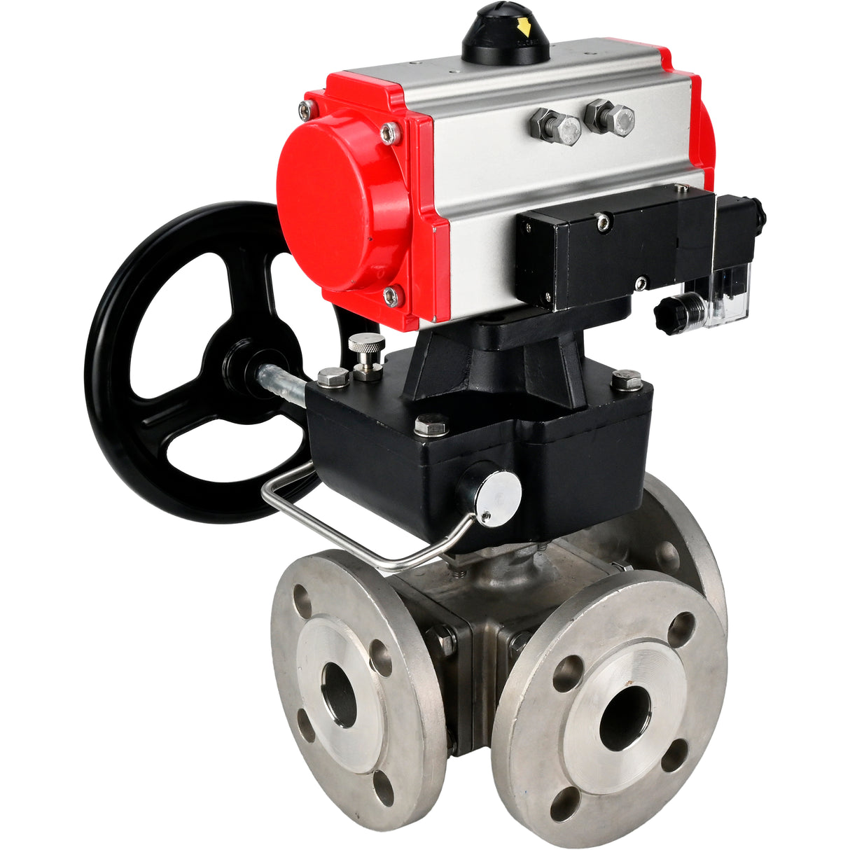 Ball valves Elephant BV3232P(4pc)-FP-3WL-F-ISO-H 16 bar full bore, flanged, body - stainless steel SS316, ISO flange F03/F04-F10/F12, square 9x9-19x19, with pneumatic drive PA-DA, pneumatic distributor 4M310-08 NAMUR 24V and Doubler MON3-700-T38-IS