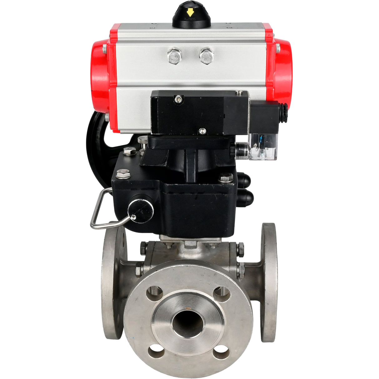Ball valves Elephant BV3232P(4pc)-FP-3WL-F-ISO-H 16 bar full bore, flanged, body - stainless steel SS316, ISO flange F03/F04-F10/F12, square 9x9-19x19, with pneumatic drive PA-DA, pneumatic distributor 4M310-08 NAMUR 24V and Doubler MON3-700-T38-IS