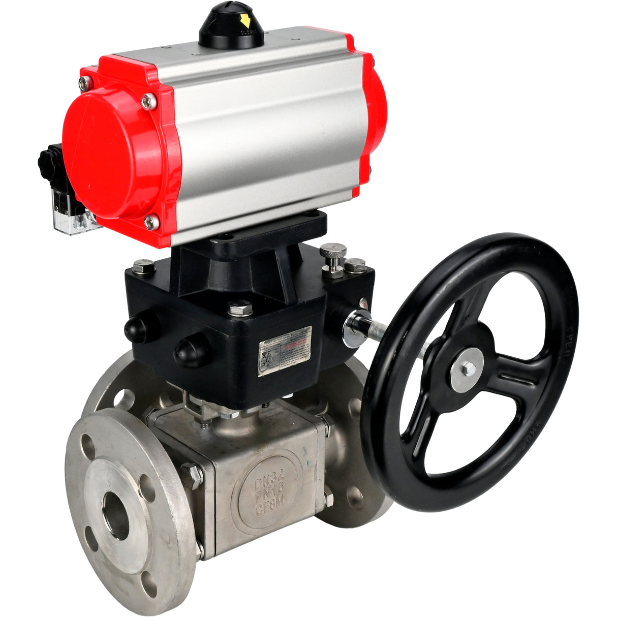 Ball valves Elephant BV3232P(4pc)-FP-3WL-F-ISO-H 16 bar full bore, flanged, body - stainless steel SS316, ISO flange F03/F04-F10/F12, square 9x9-19x19, with pneumatic drive PA-DA, pneumatic distributor 4M310-08 NAMUR 24V and Doubler MON3-700-T38-IS