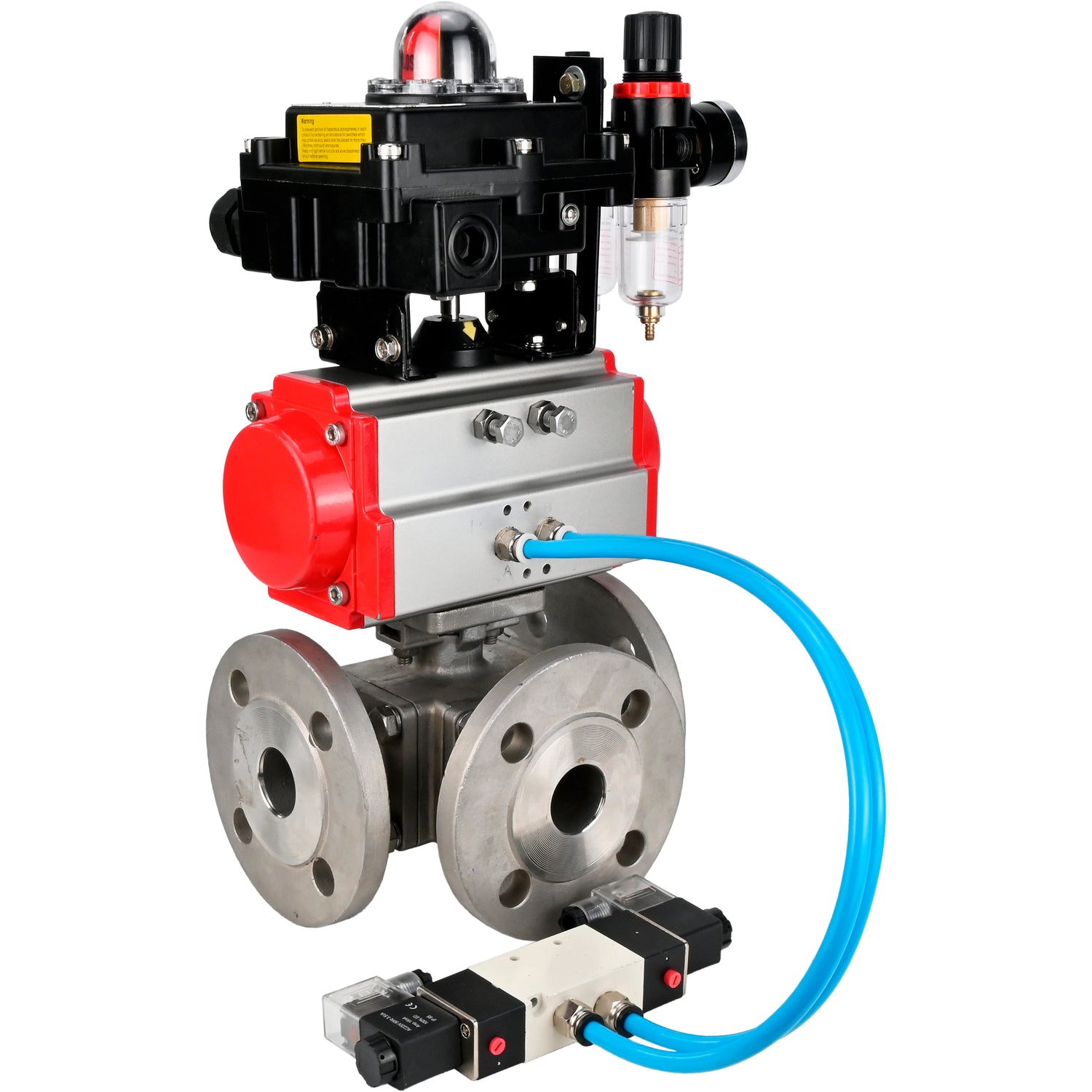 Ball valves Elephant BV3232P(4pc)-FP-3WL-F-ISO-H 16 bar full bore, flanged, body - stainless steel SS316, ISO flange F03/F04-F10/F12, square 9x9-19x19, with pneumatic drive PA-SA, pneumatic valve 4V320-10 220V, LSU APL-410N EX and ATU AF