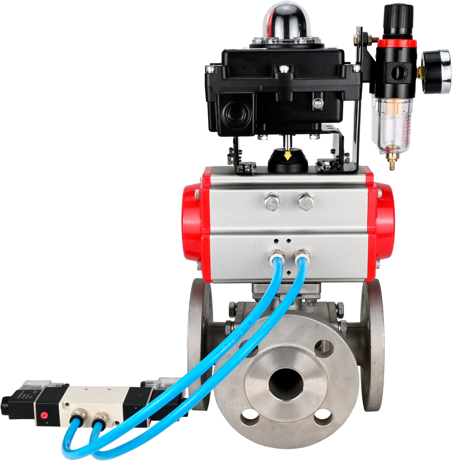 Ball valves Elephant BV3232P(4pc)-FP-3WL-F-ISO-H 16 bar full bore, flanged, body - stainless steel SS316, ISO flange F03/F04-F10/F12, square 9x9-19x19, with pneumatic drive PA-SA, pneumatic valve 4V320-10 220V, LSU APL-410N EX and ATU AF