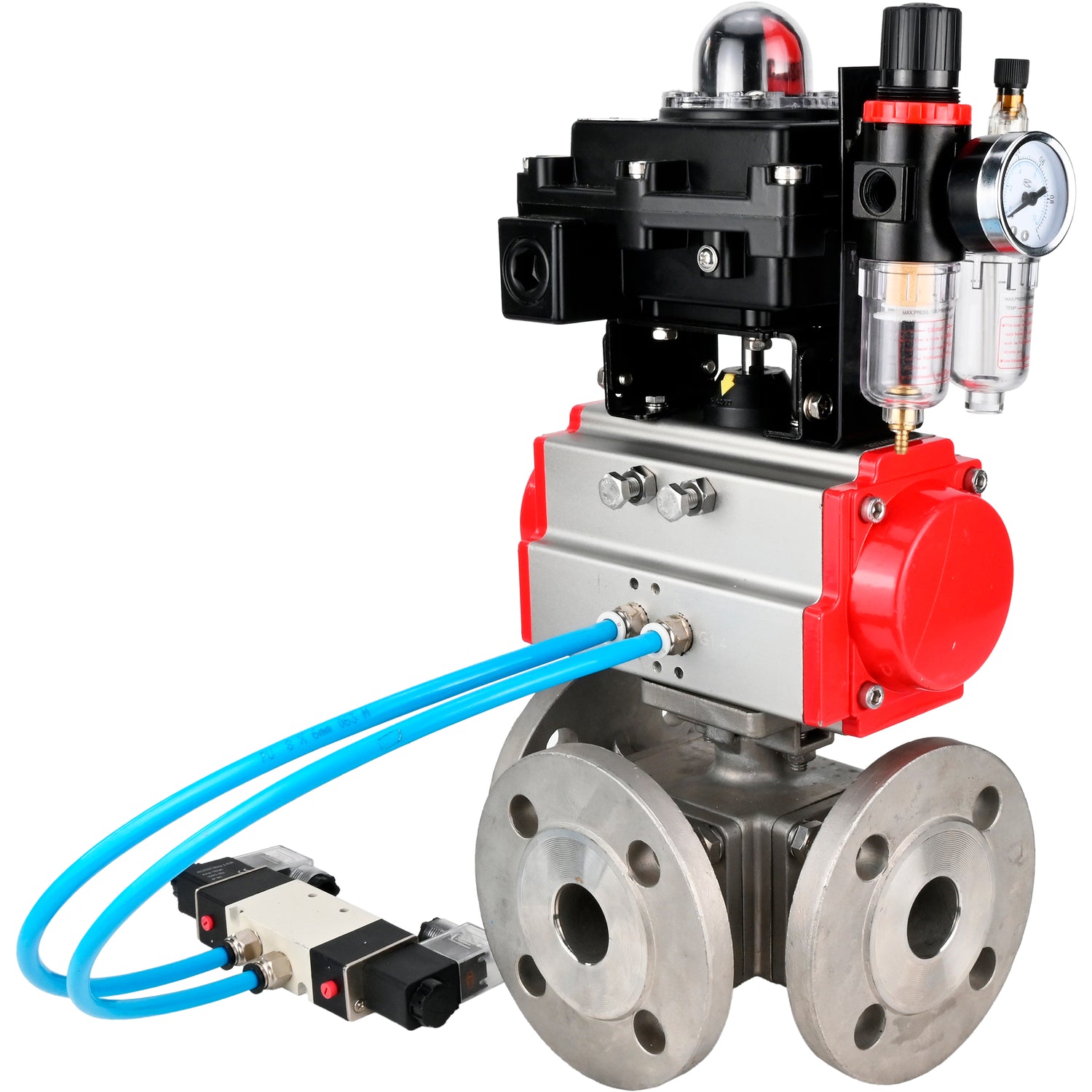 Ball valves Elephant BV3232P(4pc)-FP-3WL-F-ISO-H 16 bar full bore, flanged, body - stainless steel SS316, ISO flange F03/F04-F10/F12, square 9x9-19x19, with pneumatic drive PA-SA, pneumatic valve 4V320-10 220V, LSU APL-410N EX and ATU AF