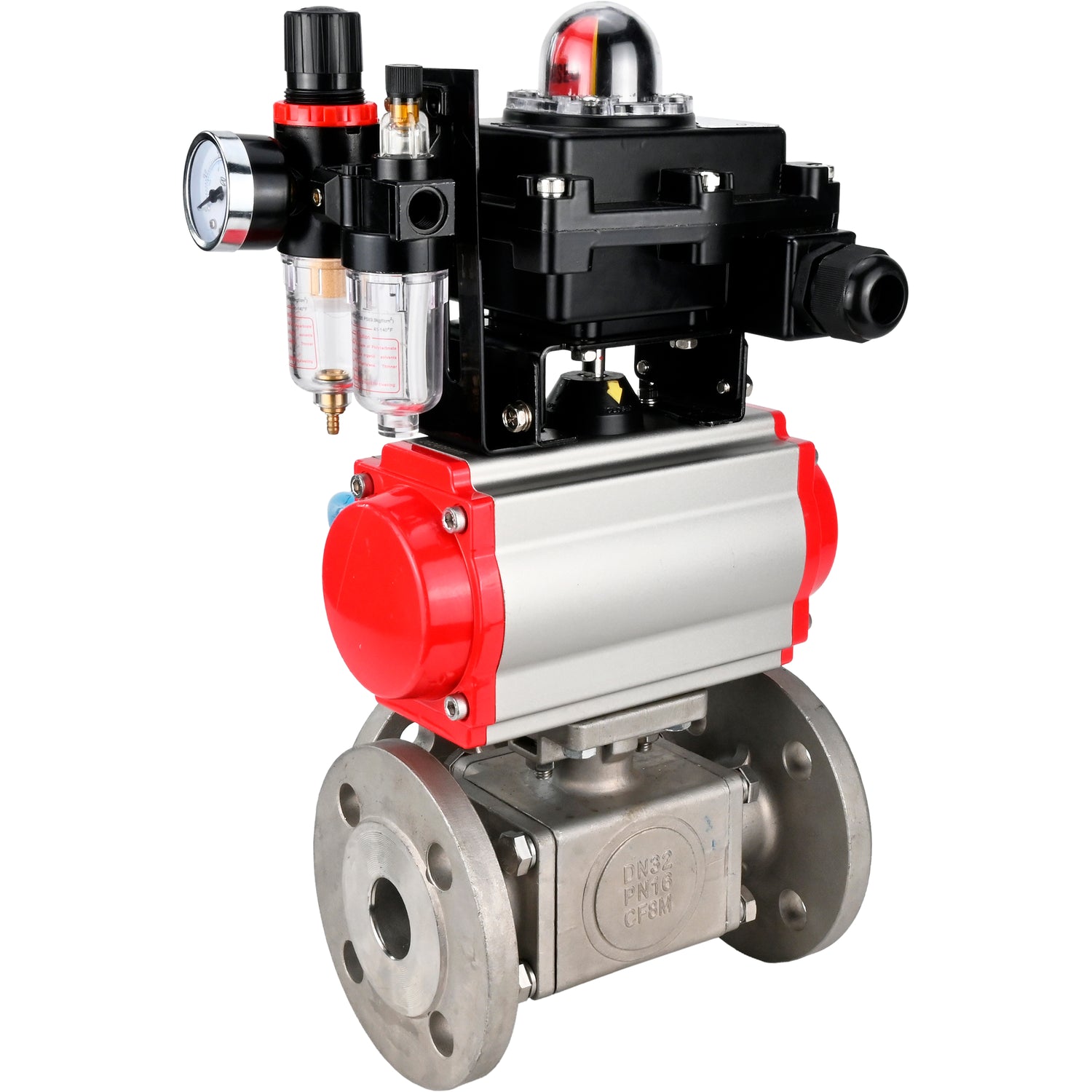 Ball valves Elephant BV3232P(4pc)-FP-3WL-F-ISO-H 16 bar full bore, flanged, body - stainless steel SS316, ISO flange F03/F04-F10/F12, square 9x9-19x19, with pneumatic drive PA-SA, pneumatic valve 4V320-10 220V, LSU APL-410N EX and ATU AF