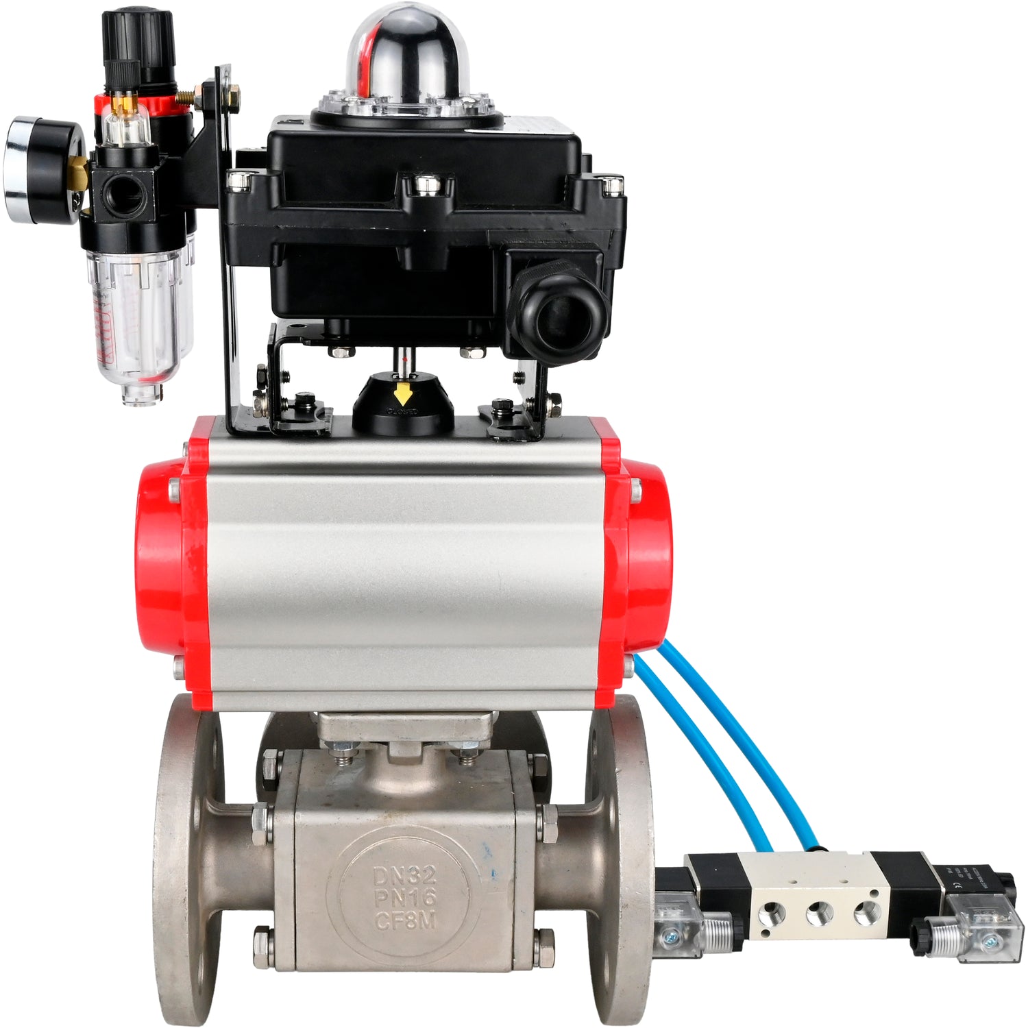 Ball valves Elephant BV3232P(4pc)-FP-3WL-F-ISO-H 16 bar full bore, flanged, body - stainless steel SS316, ISO flange F03/F04-F10/F12, square 9x9-19x19, with pneumatic drive PA-SA, pneumatic valve 4V320-10 220V, LSU APL-410N EX and ATU AF