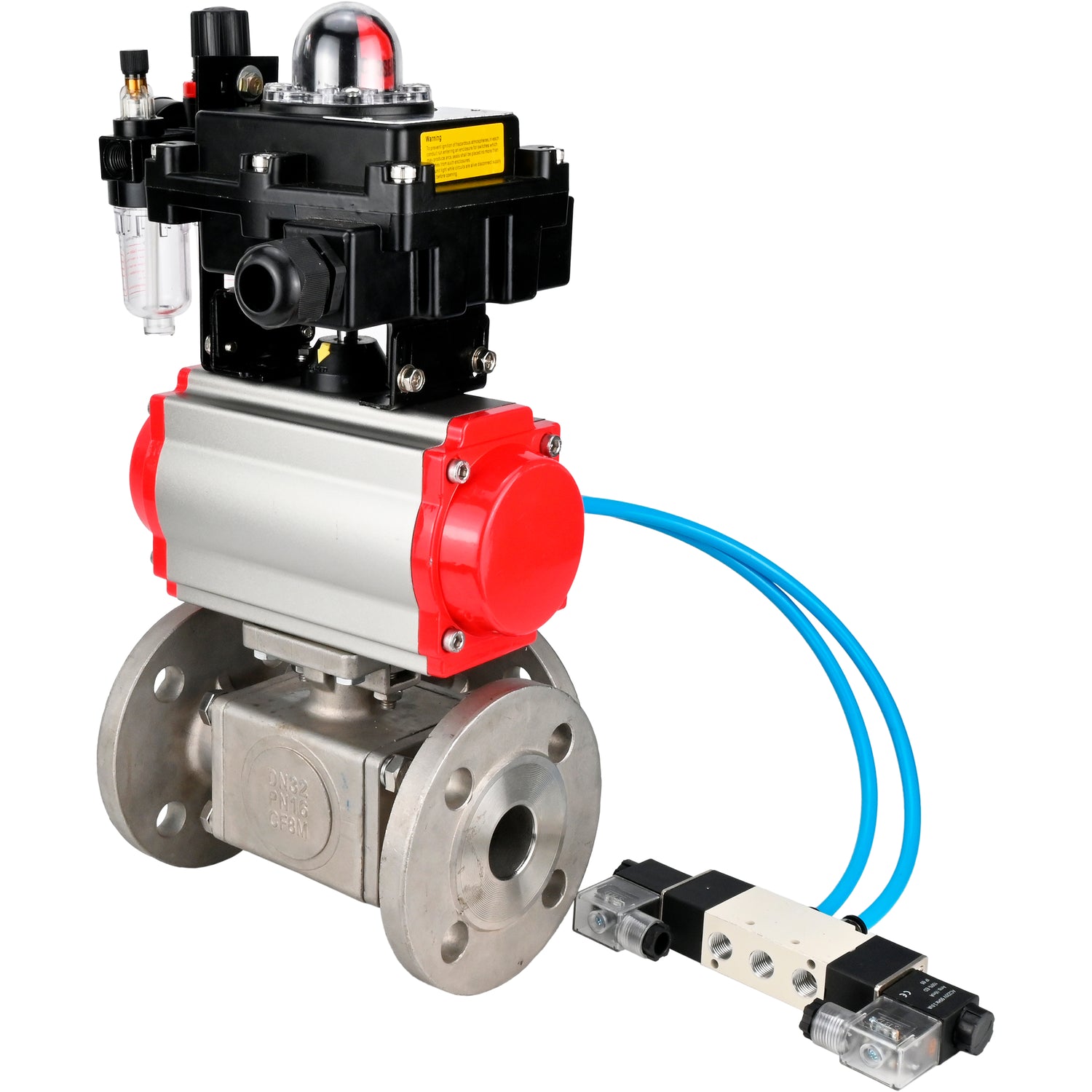 Ball valves Elephant BV3232P(4pc)-FP-3WL-F-ISO-H 16 bar full bore, flanged, body - stainless steel SS316, ISO flange F03/F04-F10/F12, square 9x9-19x19, with pneumatic drive PA-SA, pneumatic valve 4V320-10 220V, LSU APL-410N EX and ATU AF
