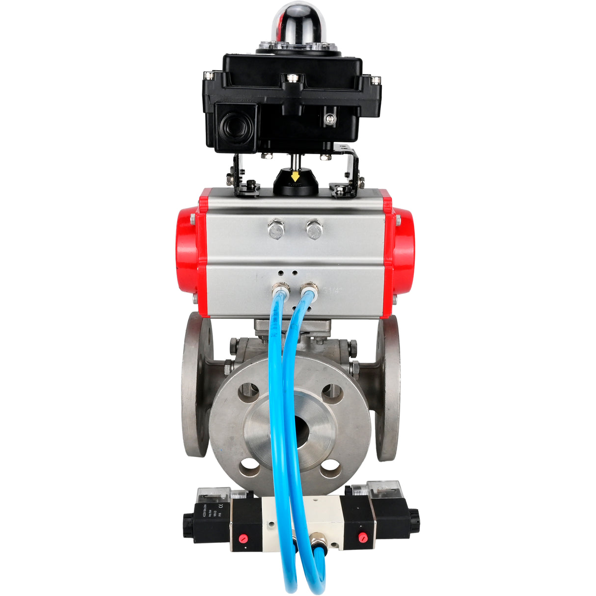 Ball valves Elephant BV3232P(4pc)-FP-3WL-F-ISO-H 16 bar full bore, flanged, body - stainless steel SS316, ISO flange F03/F04-F10/F12, square 9x9-19x19, with pneumatic drive PA-SA, pneumatic valve 4V320-10 220V and LSU APL-410N EX