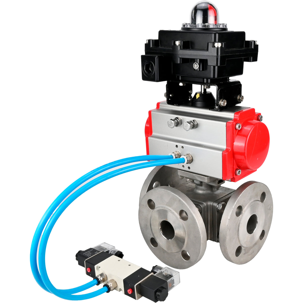 Ball valves Elephant BV3232P(4pc)-FP-3WL-F-ISO-H 16 bar full bore, flanged, body - stainless steel SS316, ISO flange F03/F04-F10/F12, square 9x9-19x19, with pneumatic drive PA-SA, pneumatic valve 4V320-10 220V and LSU APL-410N EX
