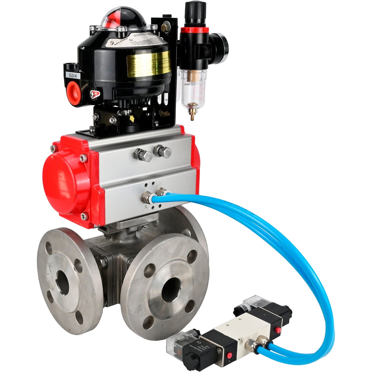 Ball valves Elephant BV3232P(4pc)-FP-3WL-F-ISO-H 16 bar full bore, flanged, body - stainless steel SS316, ISO flange F03/F04-F10/F12, square 9x9-19x19, with pneumatic drive PA-SA, pneumatic valve 4V320-10 220V, LSU APL-510N EX and ATU AF