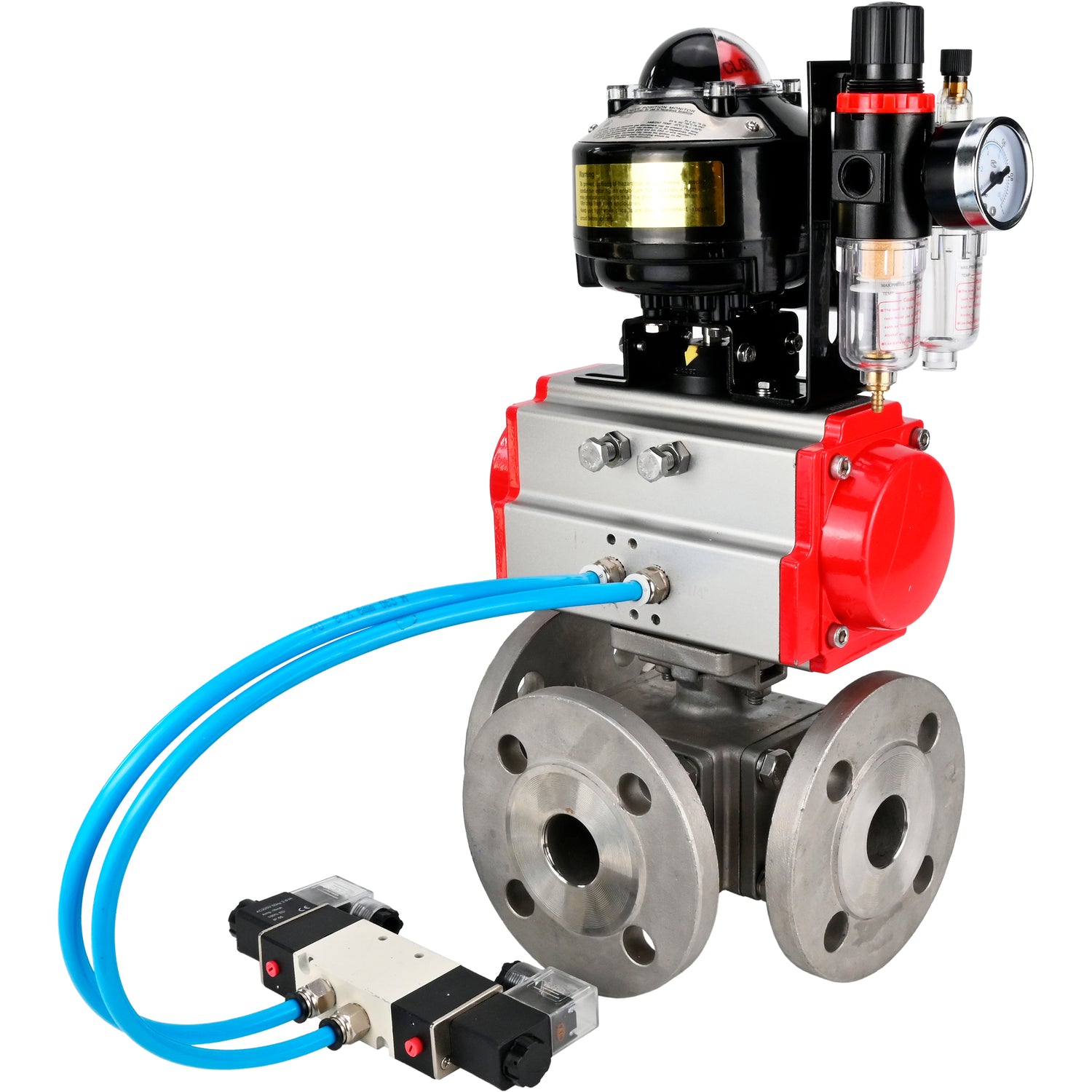 Ball valves Elephant BV3232P(4pc)-FP-3WL-F-ISO-H 16 bar full bore, flanged, body - stainless steel SS316, ISO flange F03/F04-F10/F12, square 9x9-19x19, with pneumatic drive PA-SA, pneumatic valve 4V320-10 220V, LSU APL-510N EX and ATU AF