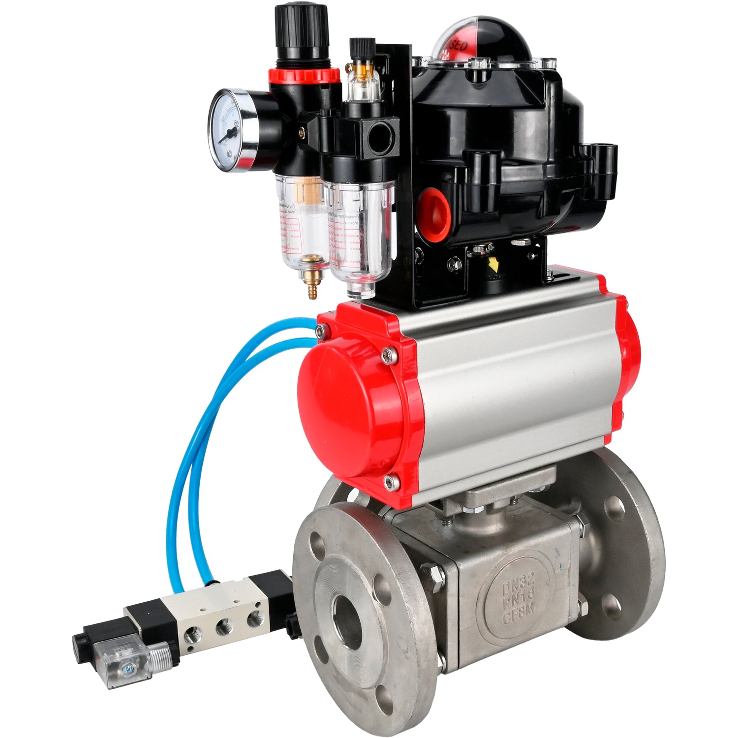Ball valves Elephant BV3232P(4pc)-FP-3WL-F-ISO-H 16 bar full bore, flanged, body - stainless steel SS316, ISO flange F03/F04-F10/F12, square 9x9-19x19, with pneumatic drive PA-SA, pneumatic valve 4V320-10 220V, LSU APL-510N EX and ATU AF