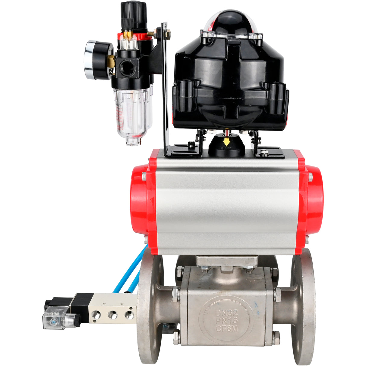 Ball valves Elephant BV3232P(4pc)-FP-3WL-F-ISO-H 16 bar full bore, flanged, body - stainless steel SS316, ISO flange F03/F04-F10/F12, square 9x9-19x19, with pneumatic drive PA-SA, pneumatic valve 4V320-10 220V, LSU APL-510N EX and ATU AF
