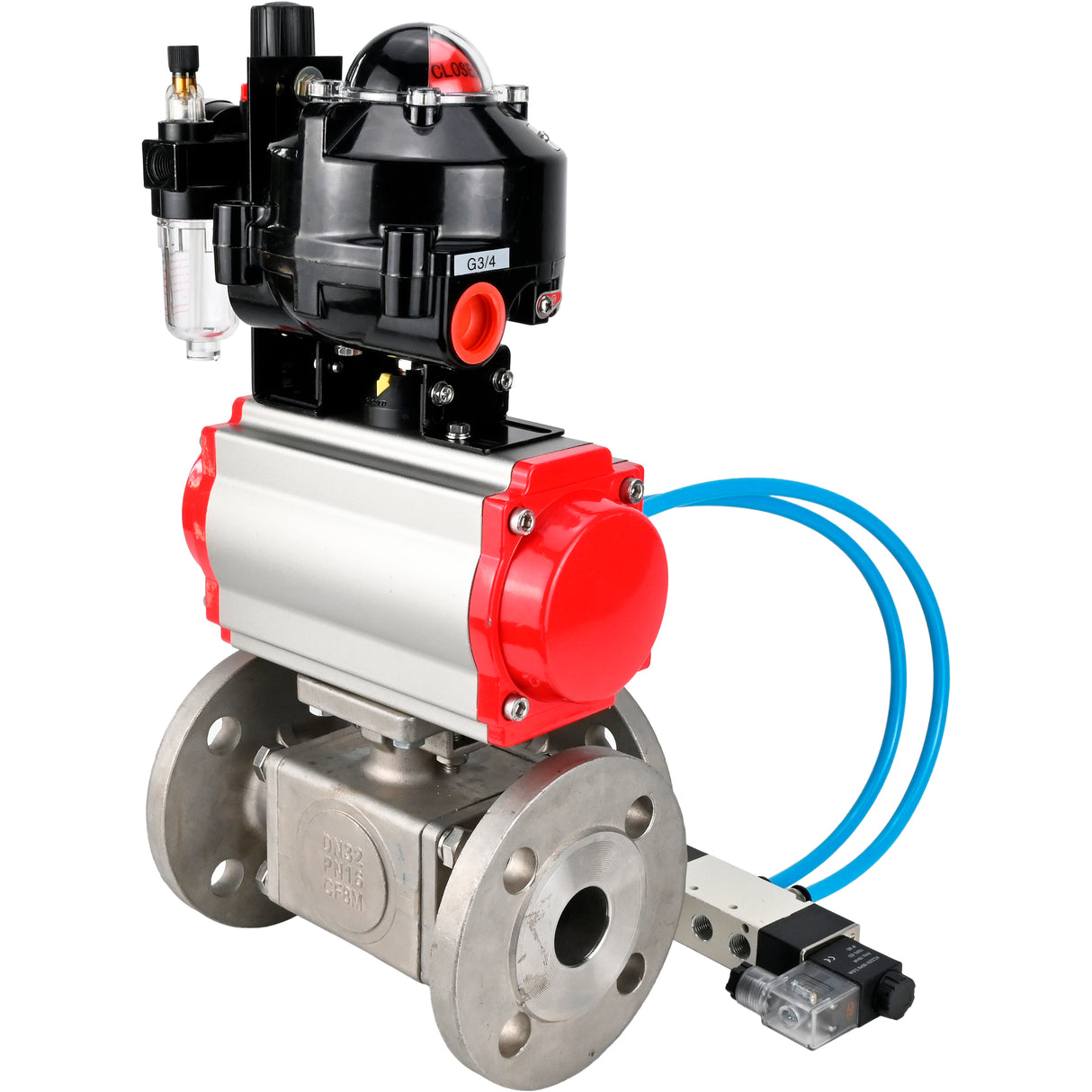 Ball valves Elephant BV3232P(4pc)-FP-3WL-F-ISO-H 16 bar full bore, flanged, body - stainless steel SS316, ISO flange F03/F04-F10/F12, square 9x9-19x19, with pneumatic drive PA-SA, pneumatic valve 4V320-10 220V, LSU APL-510N EX and ATU AF
