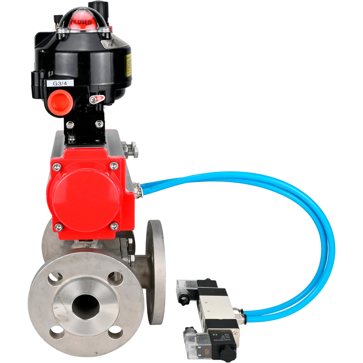 Ball valves Elephant BV3232P(4pc)-FP-3WL-F-ISO-H 16 bar full bore, flanged, body - stainless steel SS316, ISO flange F03/F04-F10/F12, square 9x9-19x19, with pneumatic drive PA-SA, pneumatic valve 4V320-10 220V, LSU APL-510N EX and ATU AF