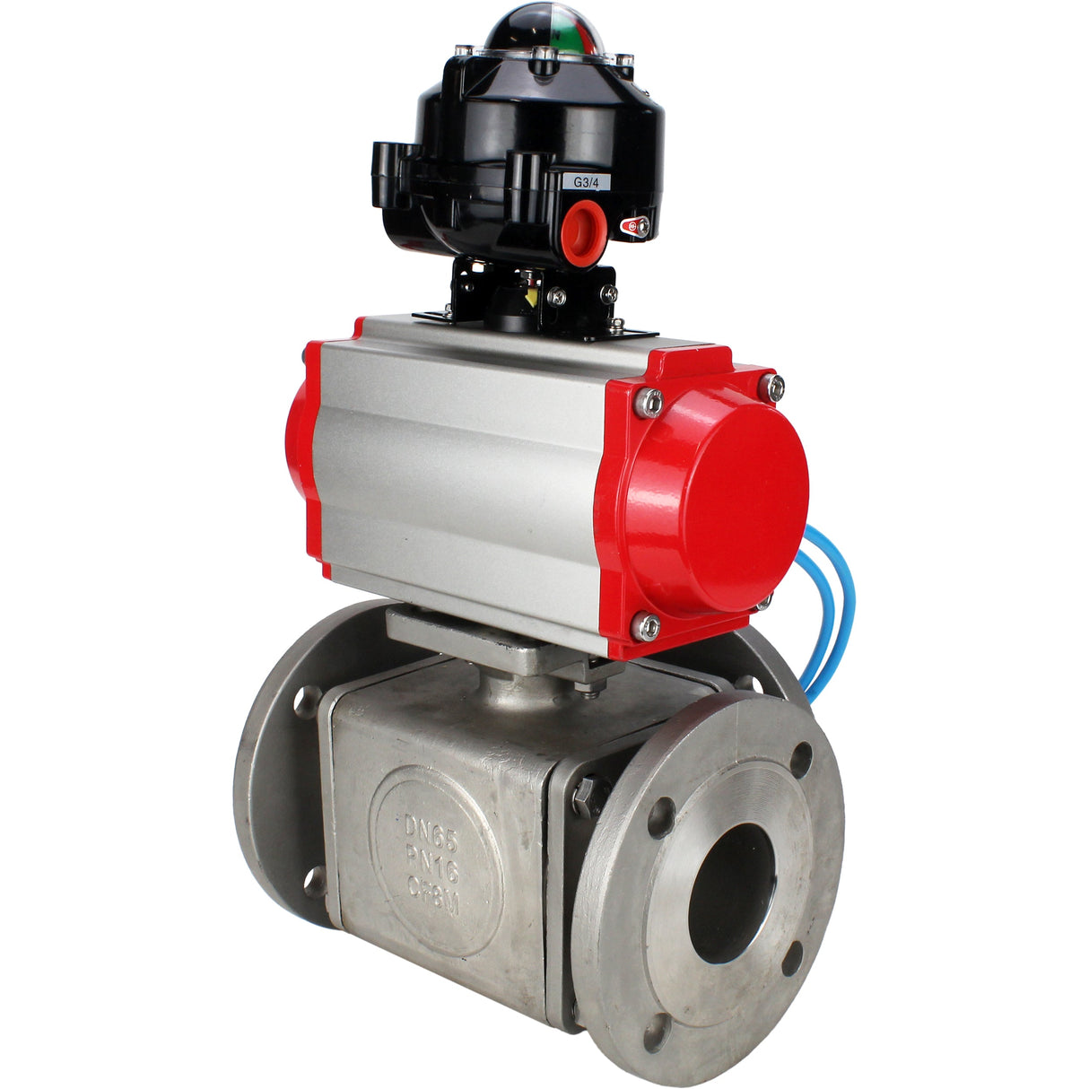 Ball valves Elephant BV3232P(4pc)-FP-3WL-F-ISO-H 16 bar full bore, flanged, body - stainless steel SS316, ISO flange F03/F04-F10/F12, square 9x9-19x19, with pneumatic drive PA-DA, pneumatic distributor 4V320-8 220V and LSU APL-510N EX
