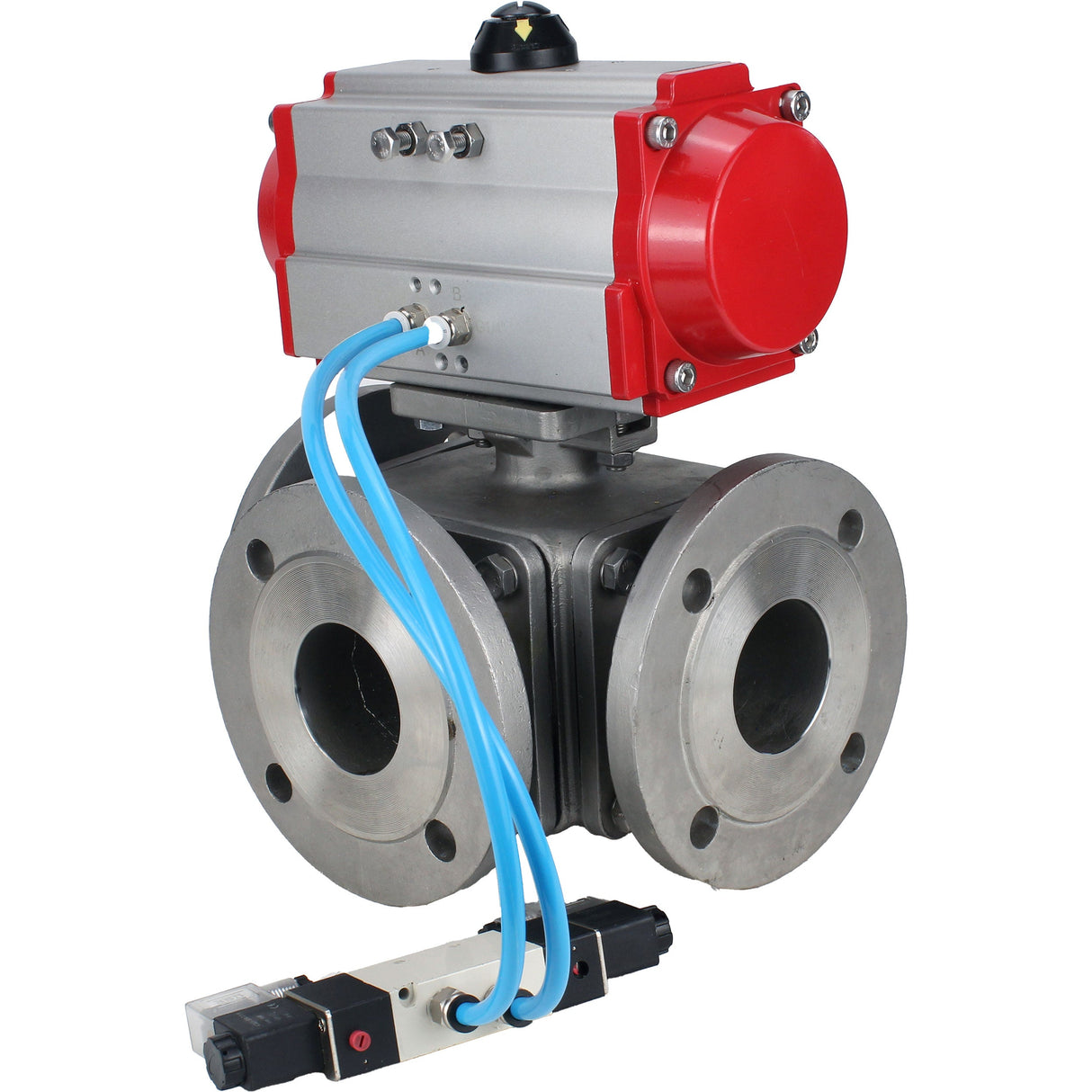 Ball valves Elephant BV3232P(4pc)-FP-3WL-F-ISO-H 16 bar full bore, flanged, body - stainless steel SS316, ISO flange F03/F04-F10/F12, square 9x9-19x19, with pneumatic drive PA-DA double acting and pneumatic distributor 4V320-10 220V