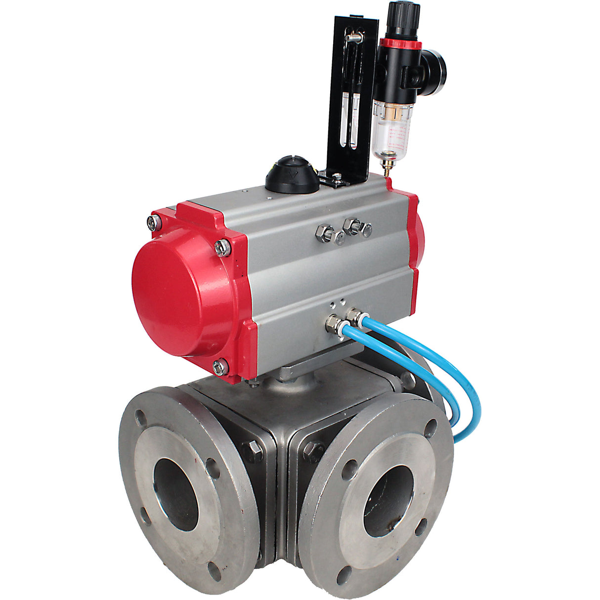 Ball valves Elephant BV3232P(4pc)-FP-3WL-F-ISO-H 16 bar full bore, flanged, body - stainless steel SS316, ISO flange F03/F04-F10/F12, square 9x9-19x19, with pneumatic drive PA-DA double acting, pneumatic valve 4V320-8 220V and ATU AF