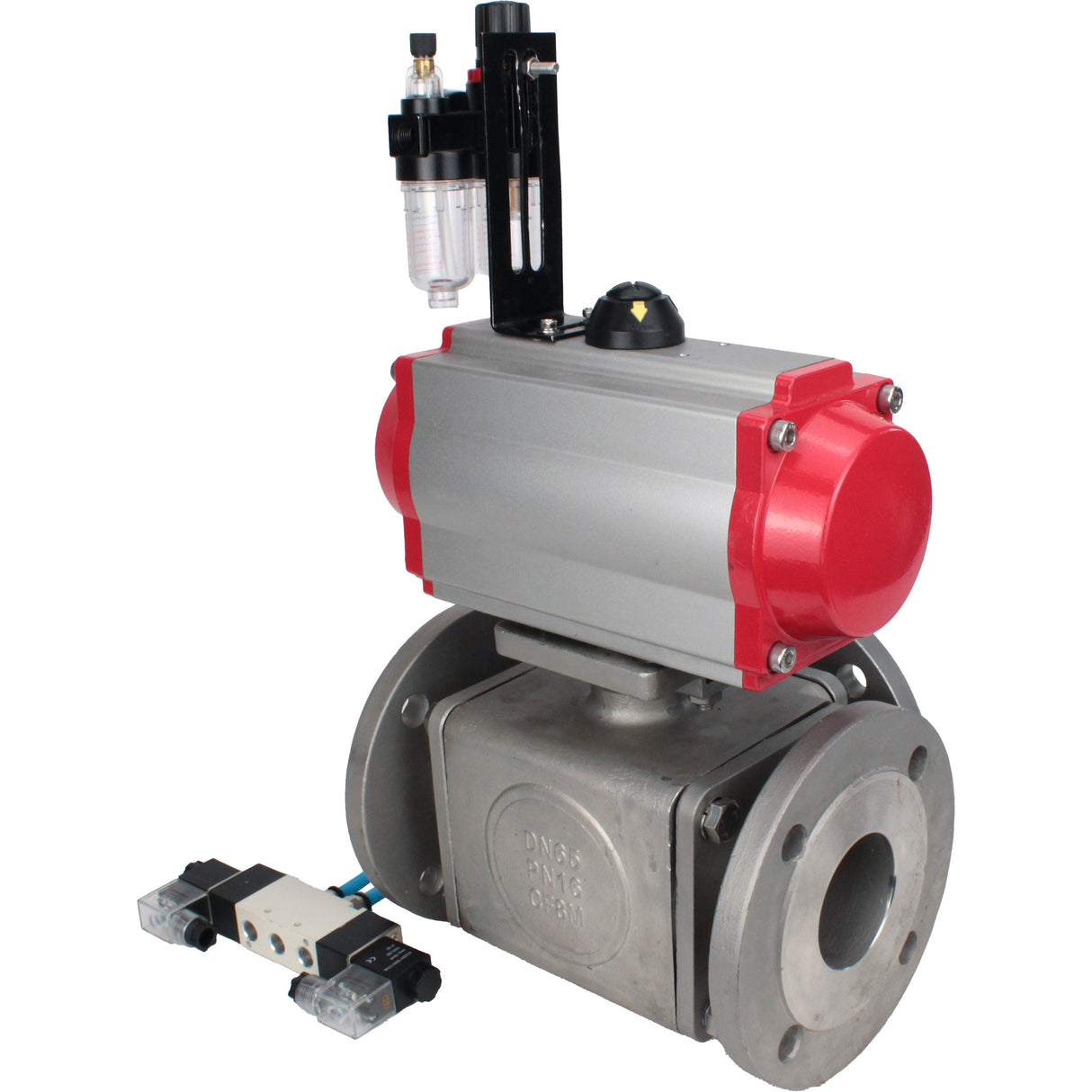 Ball valves Elephant BV3232P(4pc)-FP-3WL-F-ISO-H 16 bar full bore, flanged, body - stainless steel SS316, ISO flange F03/F04-F10/F12, square 9x9-19x19, with pneumatic drive PA-DA double acting, pneumatic valve 4V320-10 220V and ATU A