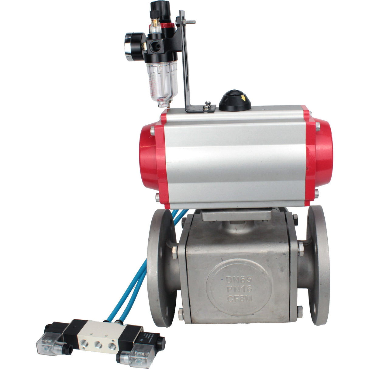 Ball valves Elephant BV3232P(4pc)-FP-3WL-F-ISO-H 16 bar full bore, flanged, body - stainless steel SS316, ISO flange F03/F04-F10/F12, square 9x9-19x19, with pneumatic drive PA-DA double acting, pneumatic valve 4V320-8 220V and ATU AF