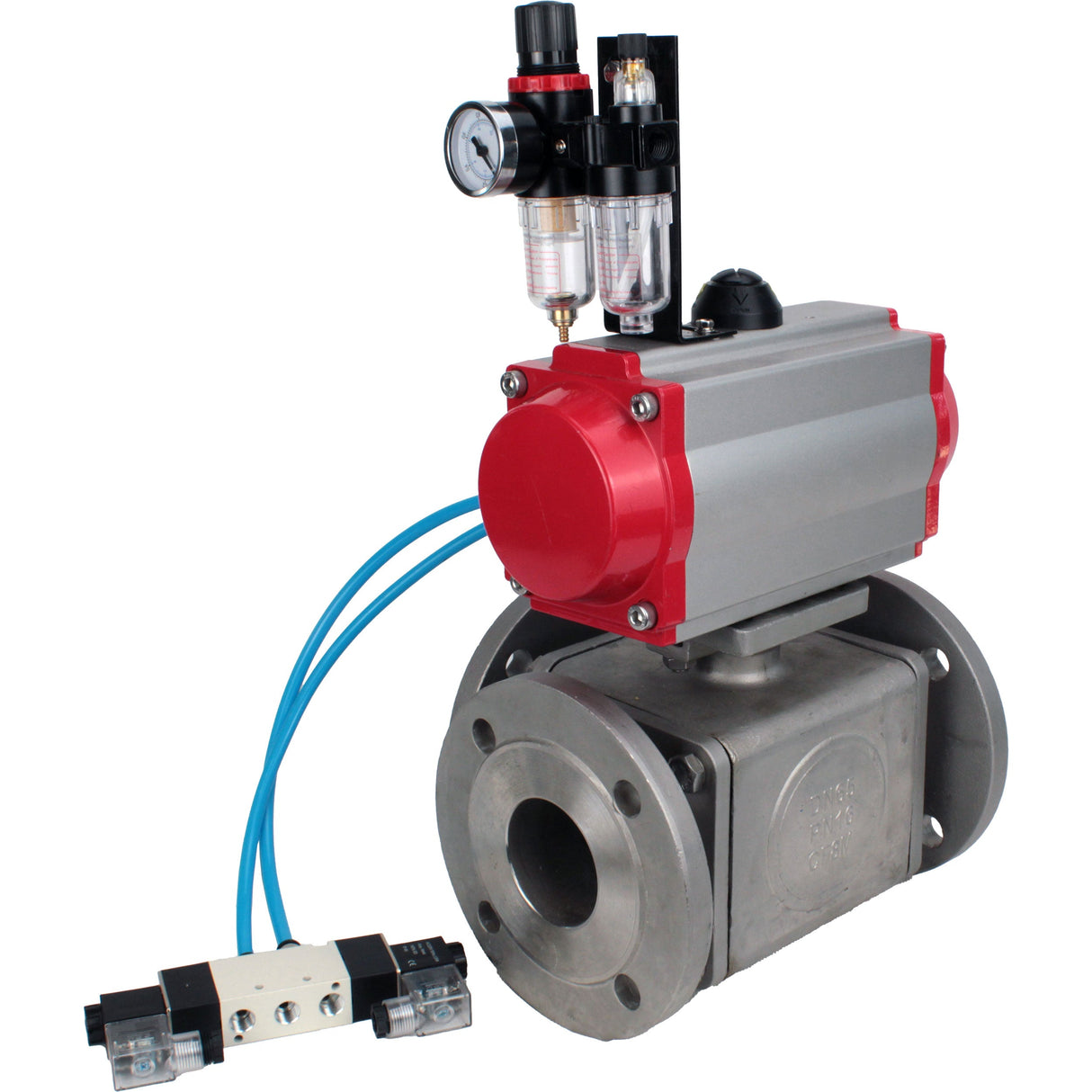 Ball valves Elephant BV3232P(4pc)-FP-3WL-F-ISO-H 16 bar full bore, flanged, body - stainless steel SS316, ISO flange F03/F04-F10/F12, square 9x9-19x19, with pneumatic drive PA-DA double acting, pneumatic valve 4V320-10 220V and ATU A