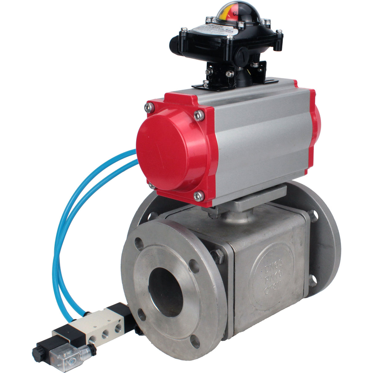 Ball valves Elephant BV3232P(4pc)-FP-3WL-F-ISO-H 16 bar full bore, flanged, body - stainless steel SS316, ISO flange F03/F04-F10/F12, square 9x9-19x19, with pneumatic drive PA-DA, pneumatic distributor 4V320-10 220V and LSU APL-210N