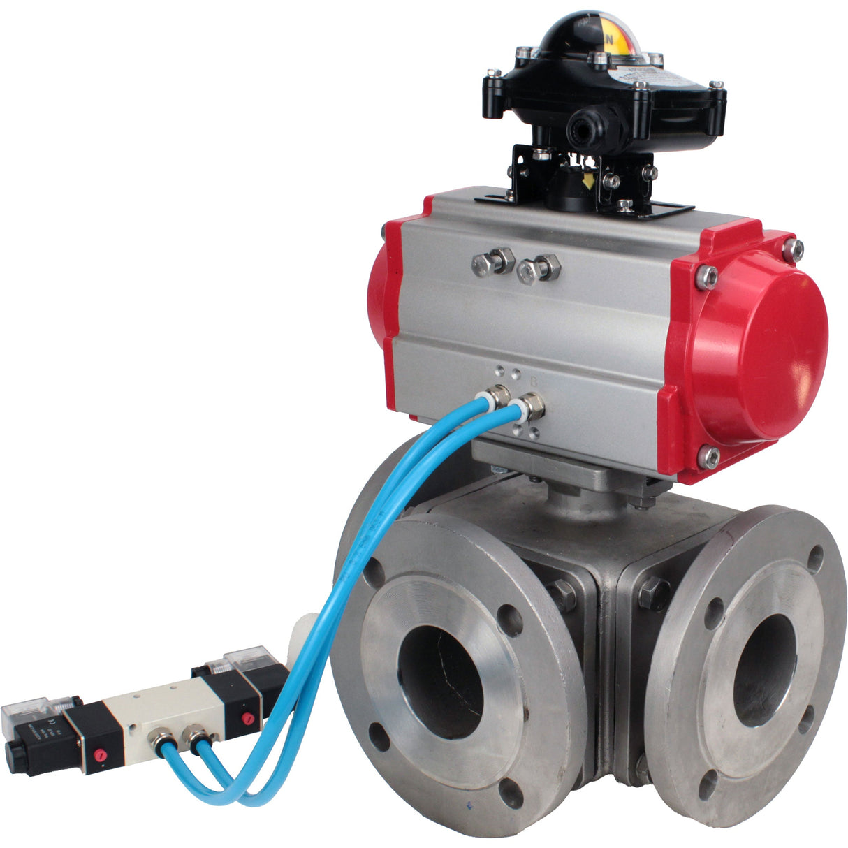 Ball valves Elephant BV3232P(4pc)-FP-3WL-F-ISO-H 16 bar full bore, flanged, body - stainless steel SS316, ISO flange F03/F04-F10/F12, square 9x9-19x19, with pneumatic drive PA-DA, pneumatic distributor 4V320-10 220V and LSU APL-210N