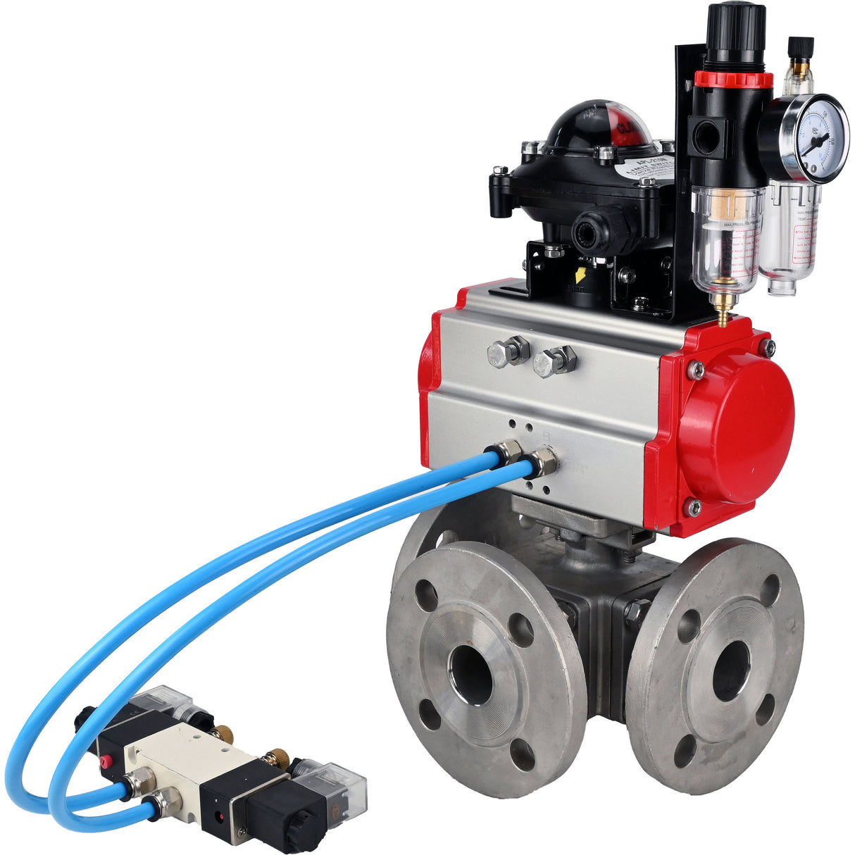 Ball valves Elephant BV3232P(4pc)-FP-3WL-F-ISO-H 16 bar full bore, flanged, body - stainless steel SS316, ISO flange F03/F04-F10/F12, square 9x9-19x19, with pneumatic drive PA-SA, pneumatic valve 4V320-8 220V, LSU APL-210N and ATU AFC200
